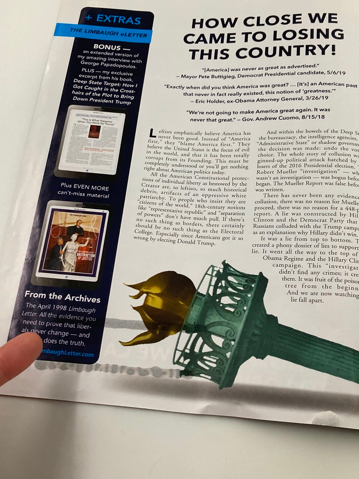 Inside page of the Rush Limbaugh Letter Newsletter Magazine from June 2019, discussing political commentary and featuring a visual of the Statue of Liberty, titled 'Electing Donald Trump'.