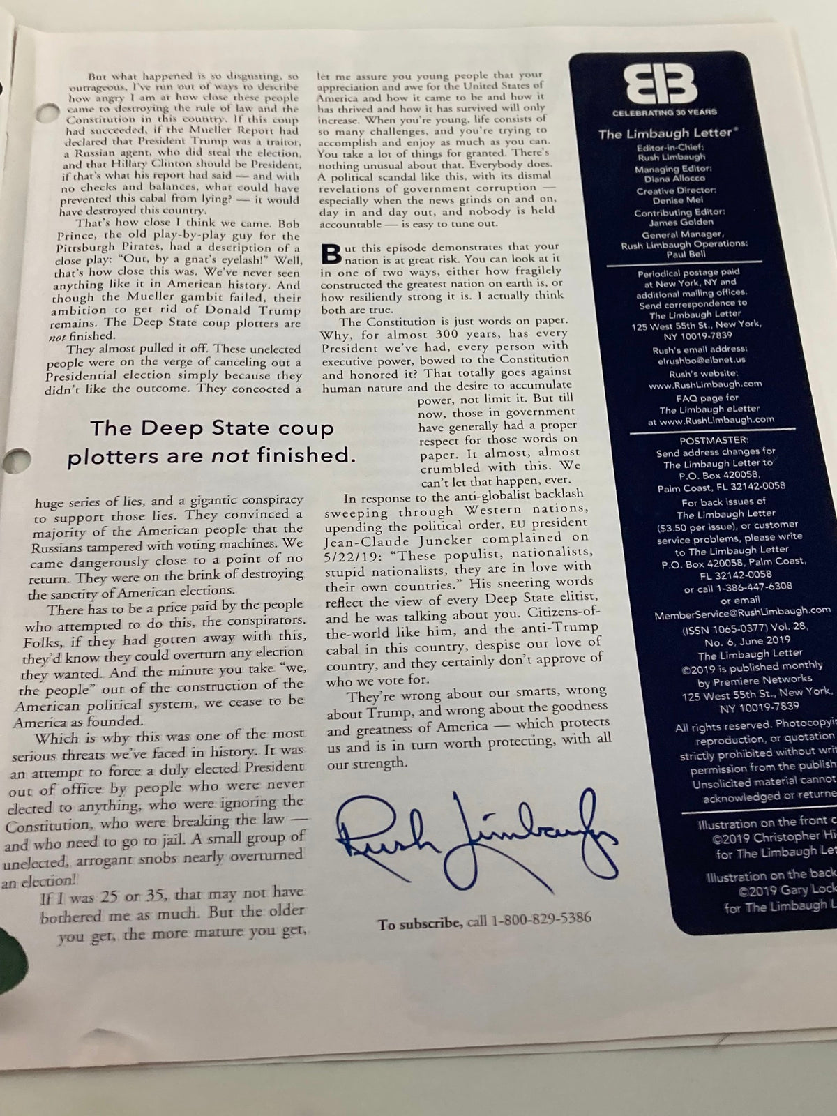 Another inside page of the Rush Limbaugh Letter Newsletter Magazine June 2019, continuing the discussion on political issues and featuring Rush Limbaugh's signature, titled 'Electing Donald Trump'.