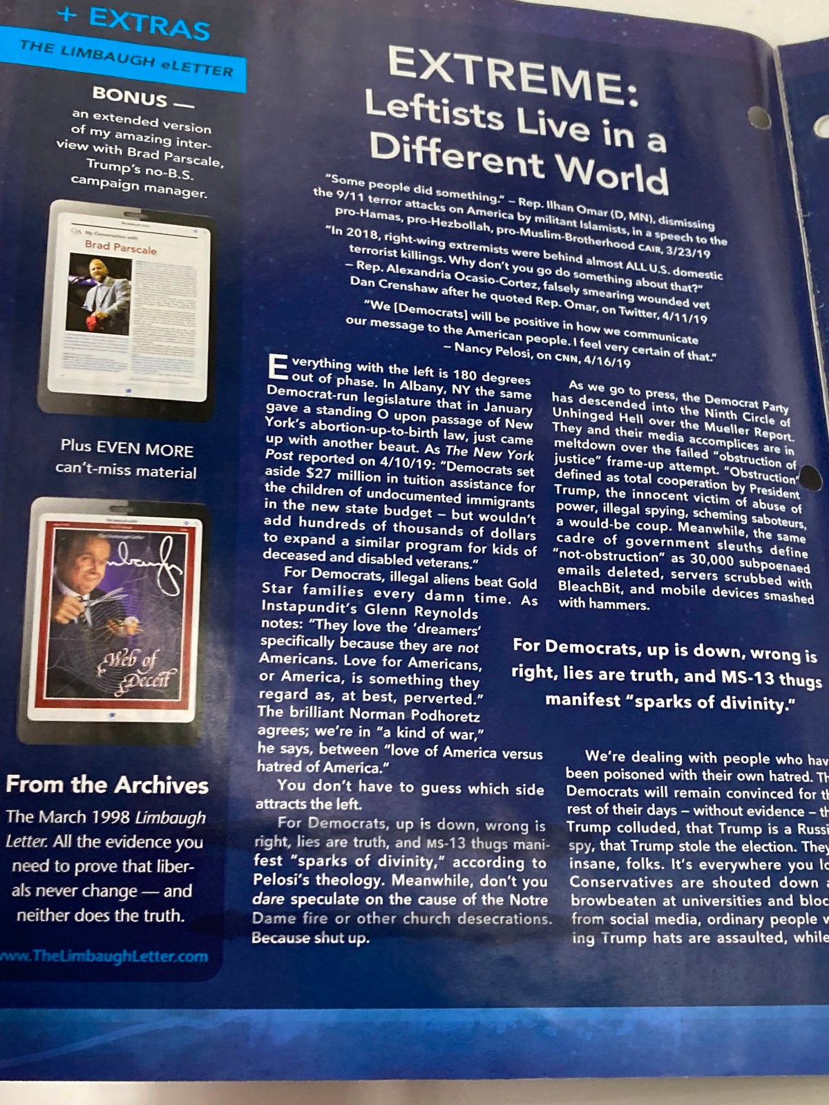 Interior page of the Rush Limbaugh Letter Newsletter Magazine May 2019 discussing 'EXTREME: Leftists Live in a Different World' with additional features and archived content.