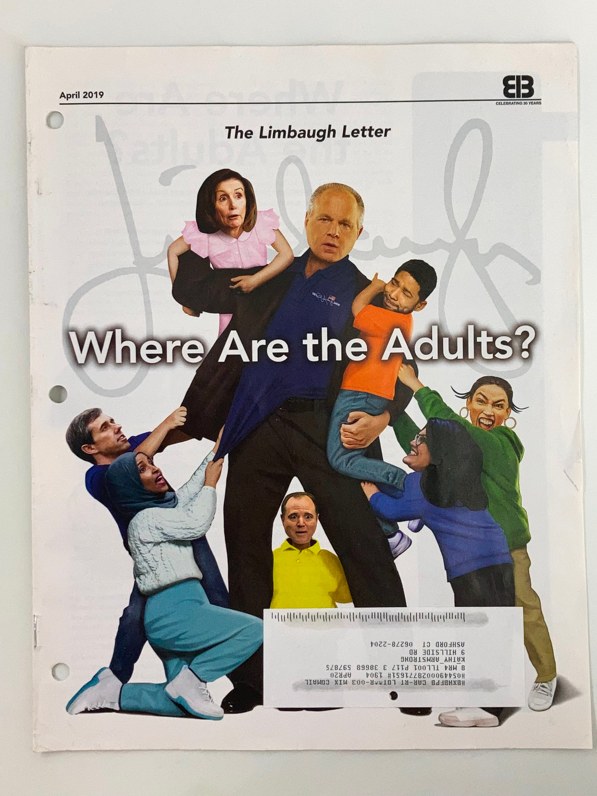 Cover of the Rush Limbaugh Letter newsletter magazine for April 2019 titled 'Where Are the Adults?' featuring various caricatured figures engaging with a central character.