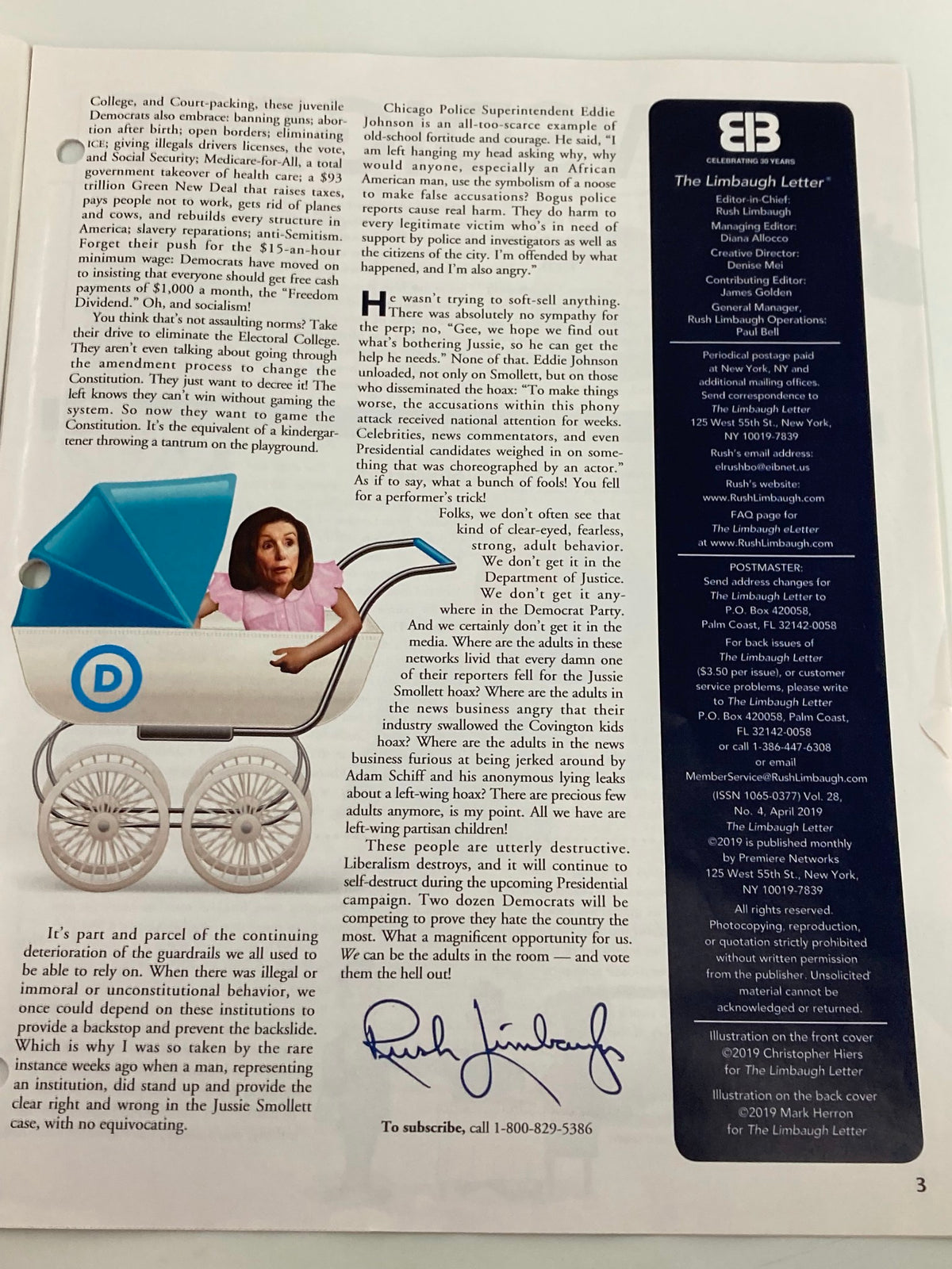 Illustration from the Rush Limbaugh Letter newsletter, April 2019 issue titled 'Where Are The Adults?', depicting a humorous commentary on political themes with an illustrated character in a baby carriage.