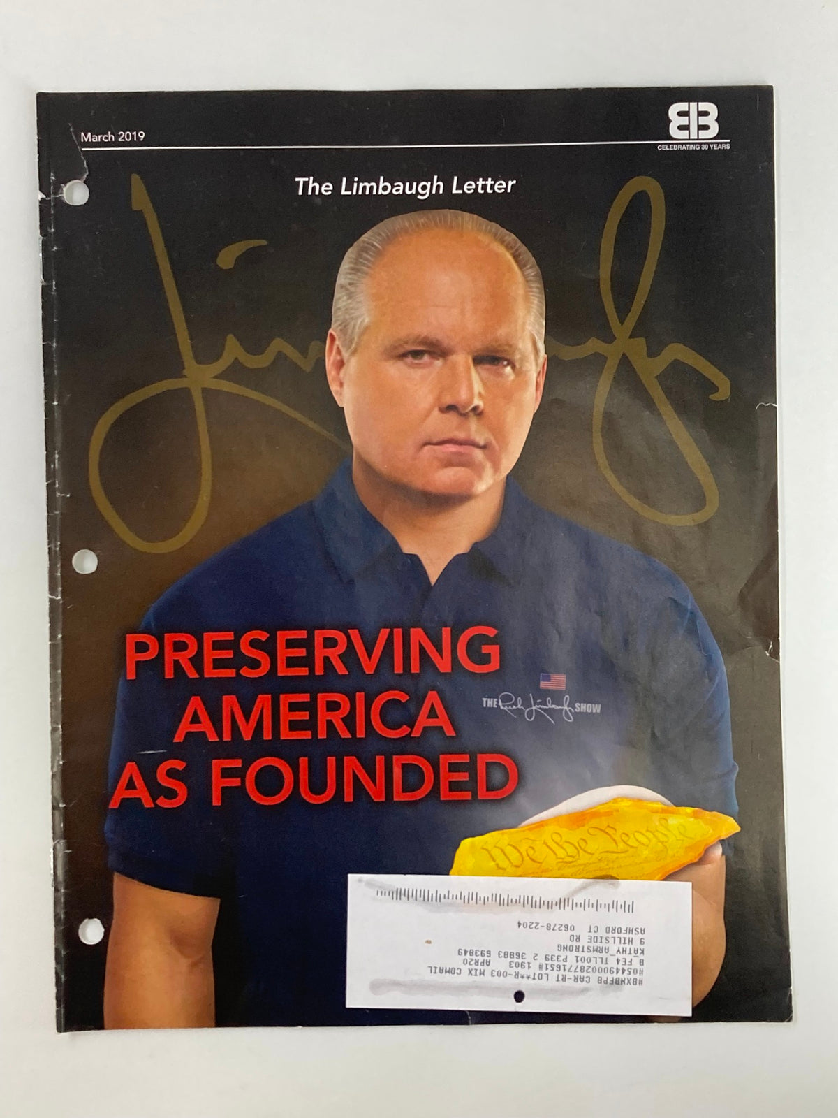 Cover image of the Rush Limbaugh Letter Newsletter Magazine from March 2019 titled 'Preserving America As Founded', featuring Rush Limbaugh with a signed overlay.
