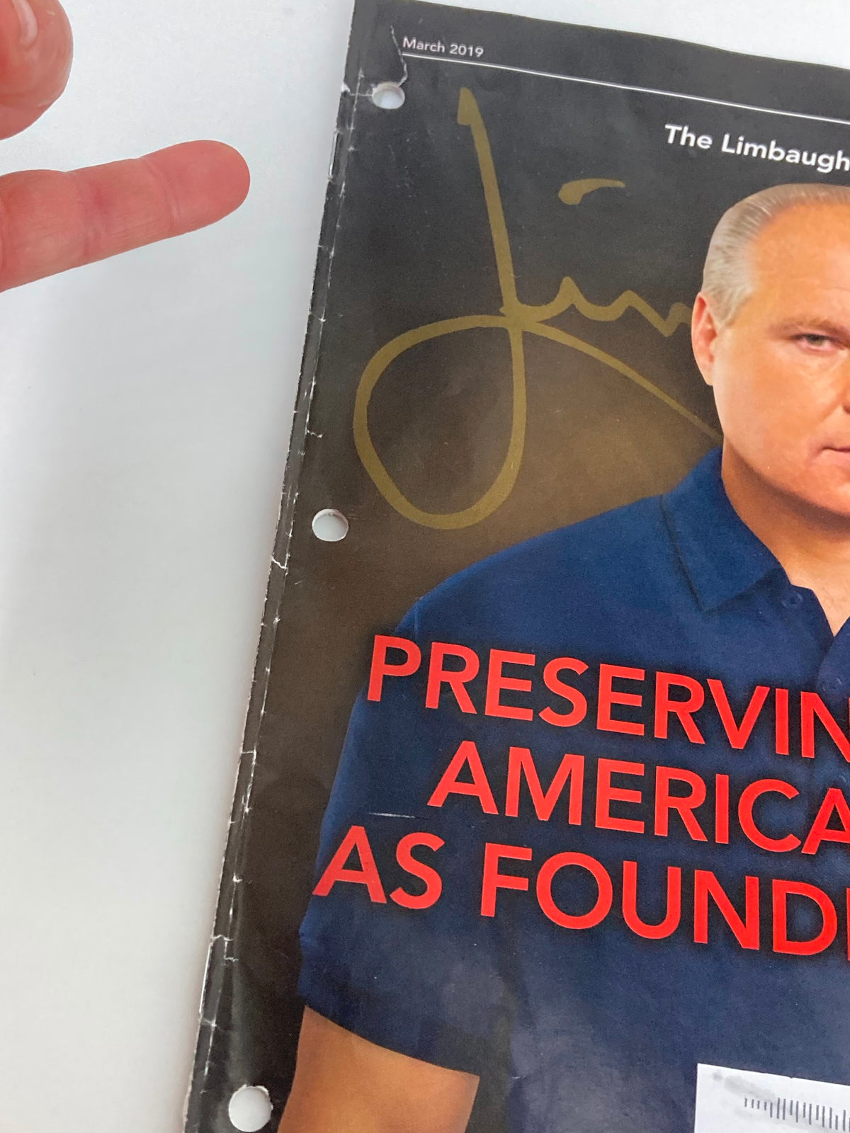 Close-up image of the March 2019 Rush Limbaugh Letter Newsletter Magazine cover, showing minor wear and hole punches for binder storage.