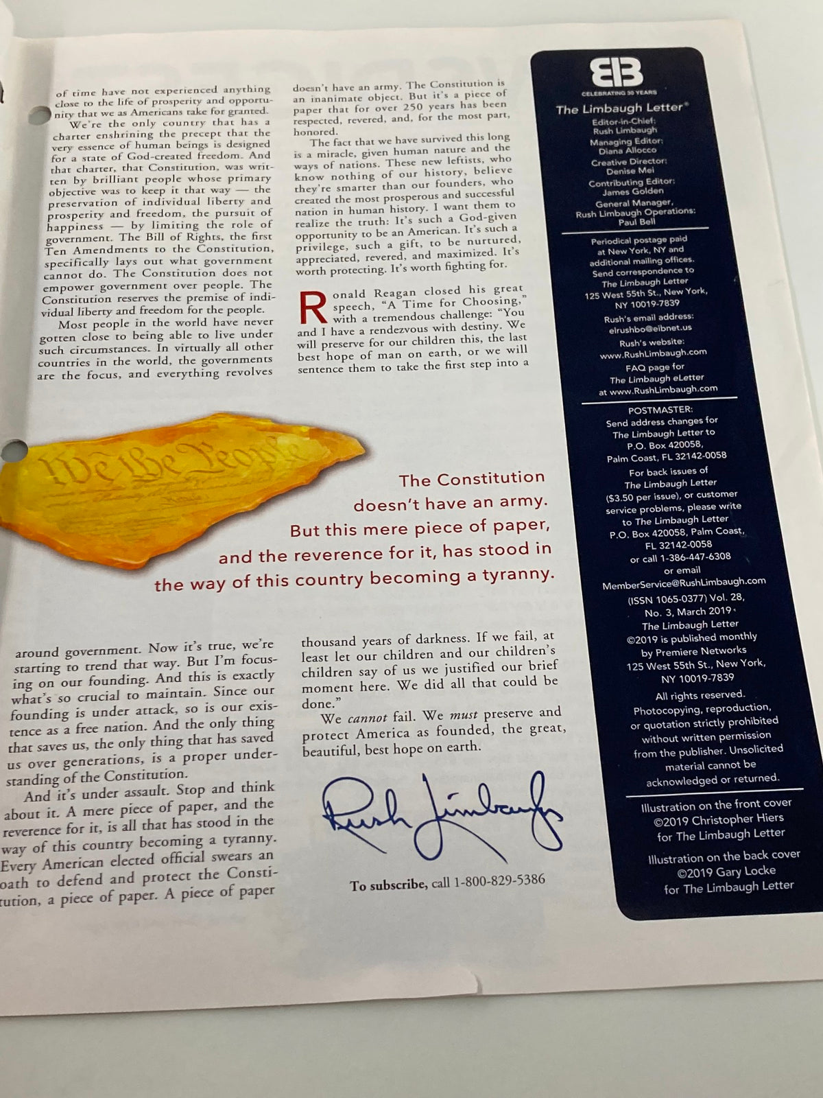 Page from the Rush Limbaugh Letter Newsletter Magazine March 2019 featuring a signature and a message about the Constitution, emphasizing the importance of preserving American values in the discussion of political discourse.