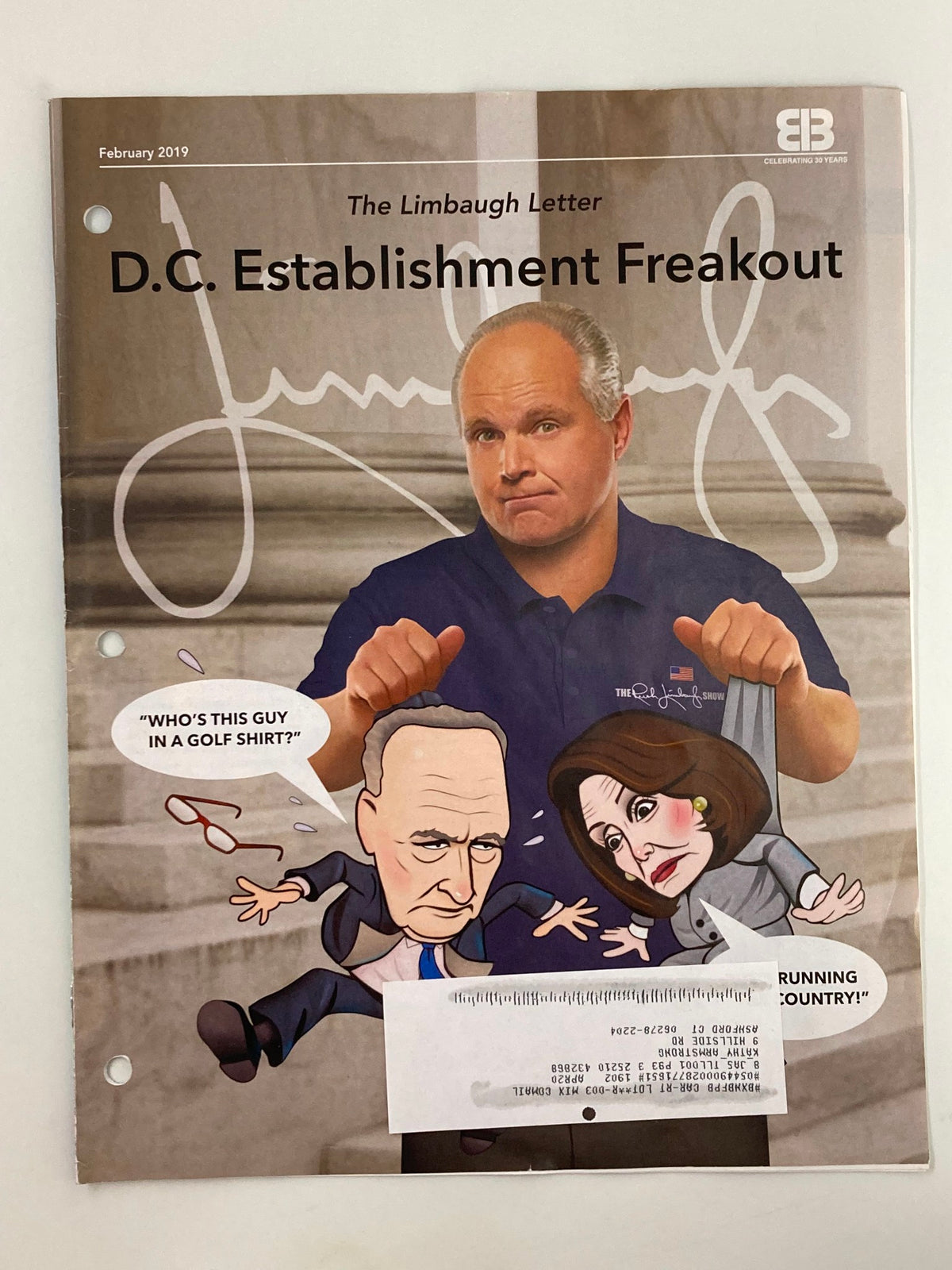 Cover of the Rush Limbaugh Letter Newsletter Magazine February 2019 featuring a cartoon illustration of political figures with the title 'D.C. Establishment Freakout'.