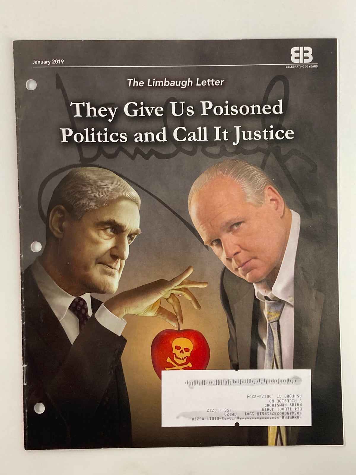 Cover of the Rush Limbaugh Letter Newsletter Magazine January 2019 titled 'They Give Us Poisoned Politics and Call It Justice', featuring a dramatic illustration of two political figures.