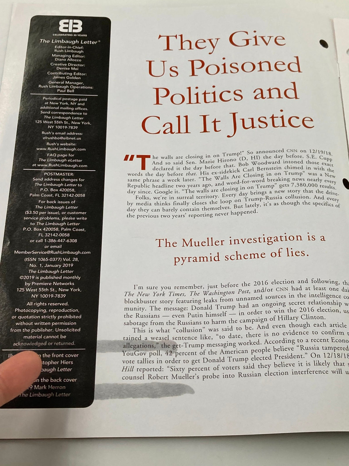 Interior page of the Rush Limbaugh Letter Newsletter Magazine January 2019 discussing political themes related to justice and the Mueller investigation.