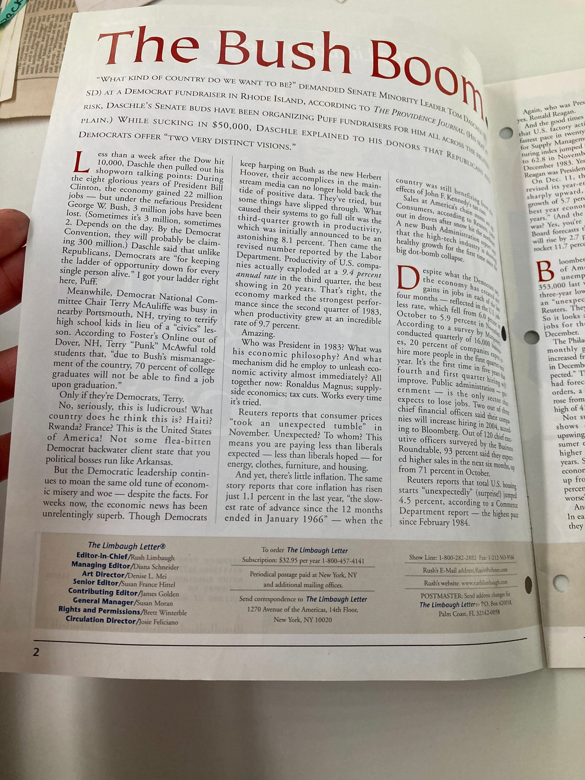 Interior page of the Rush Limbaugh Letter Newsletter Magazine from December 2003, displaying an article titled 'The Bush Boom,' focusing on economic discussions related to George W. Bush's presidency.