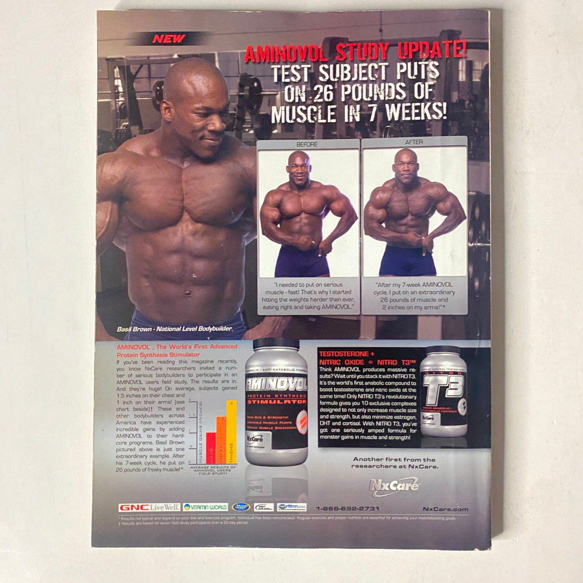 Back cover of MuscleMag International Magazine March 2006 showcasing an Aminovol study update, highlighting muscle gains, with a focused image of a bodybuilder.
