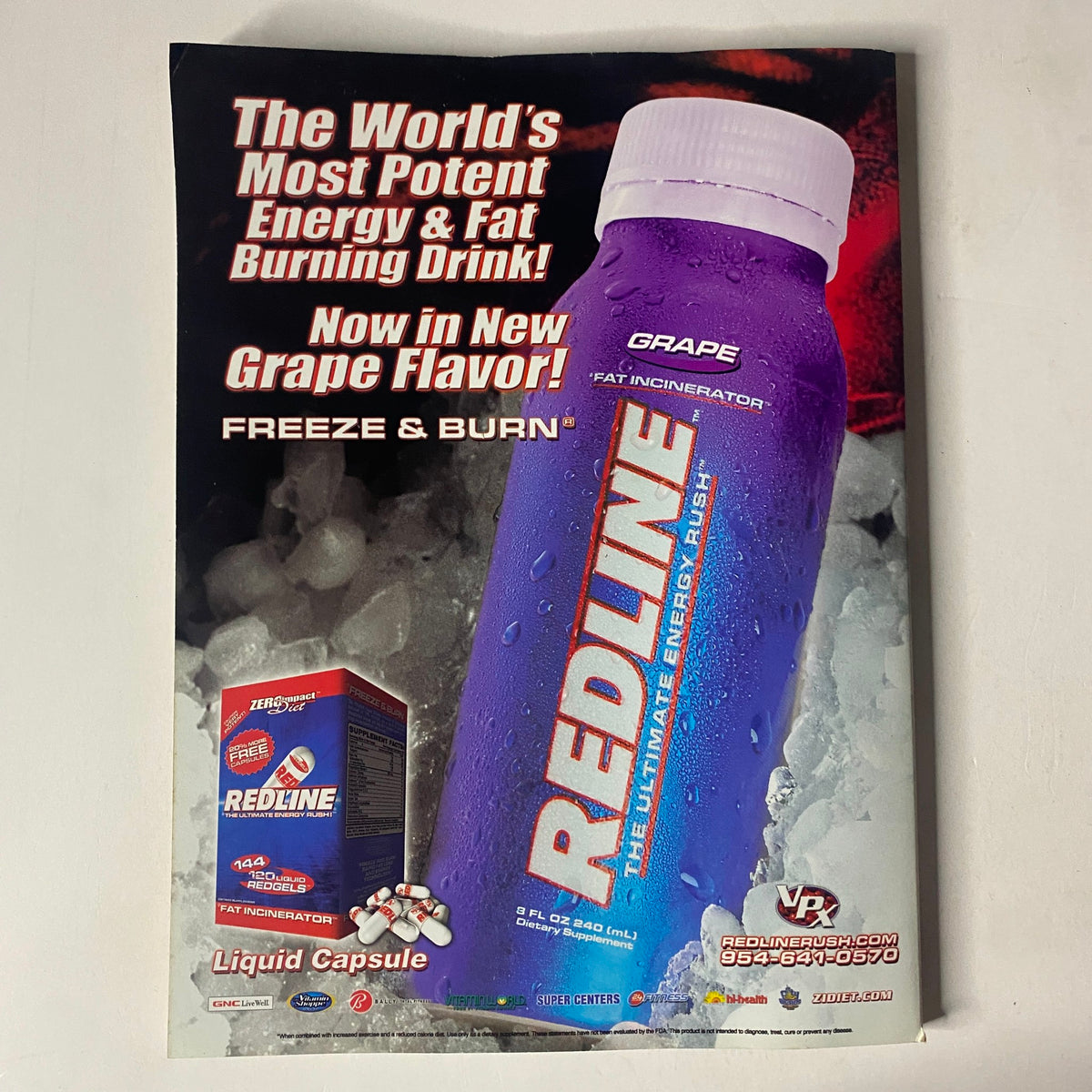 Advertisement for Redline Energy Drink from MuscleMag International Magazine April 2007 No. 299, promoting a potent energy and fat burning product.