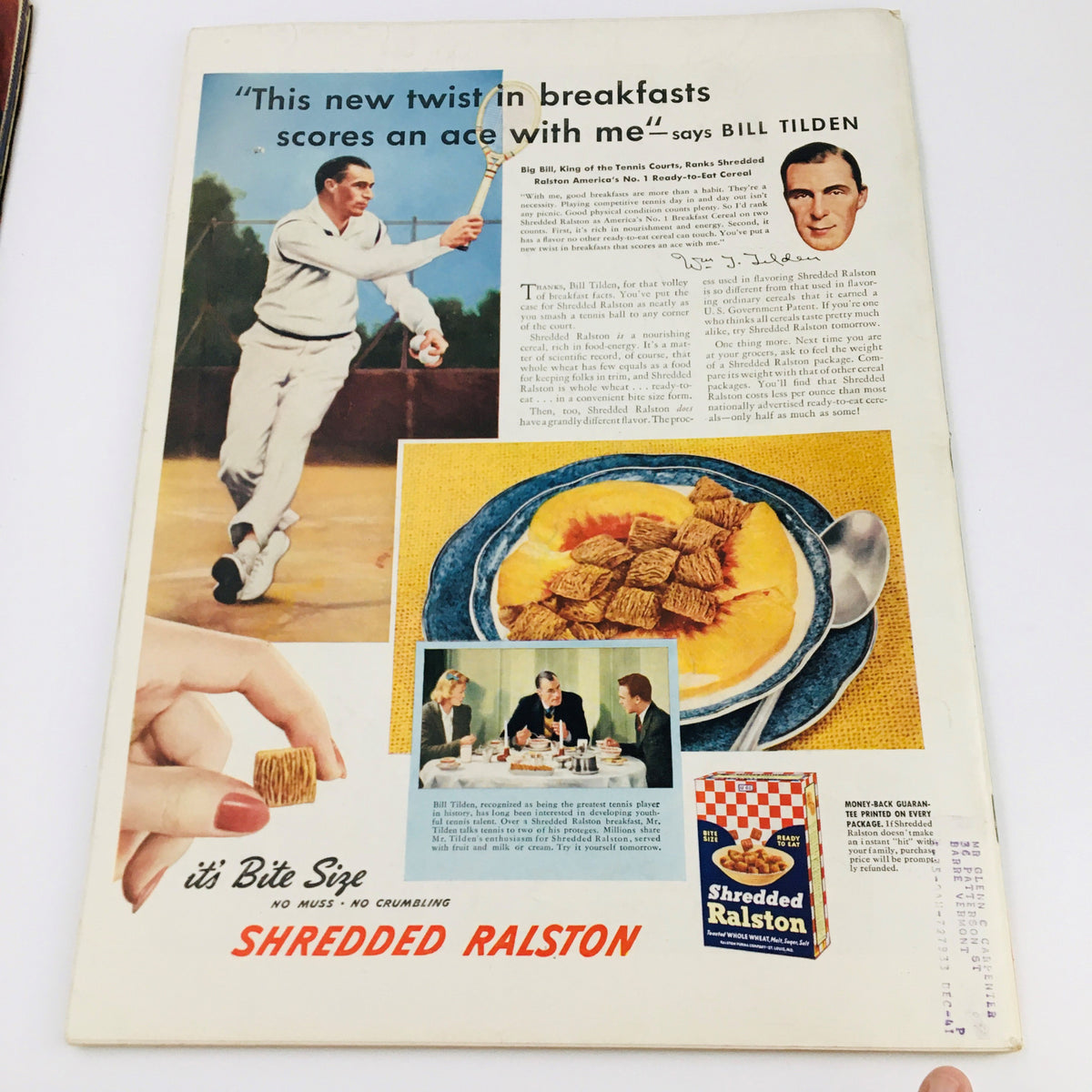 Back cover of VTG Life Magazine June 30 1941, featuring an advertisement for Shredded Ralston cereal with a tennis theme and Bill Tilden, emphasizing the product's appeal for breakfast.