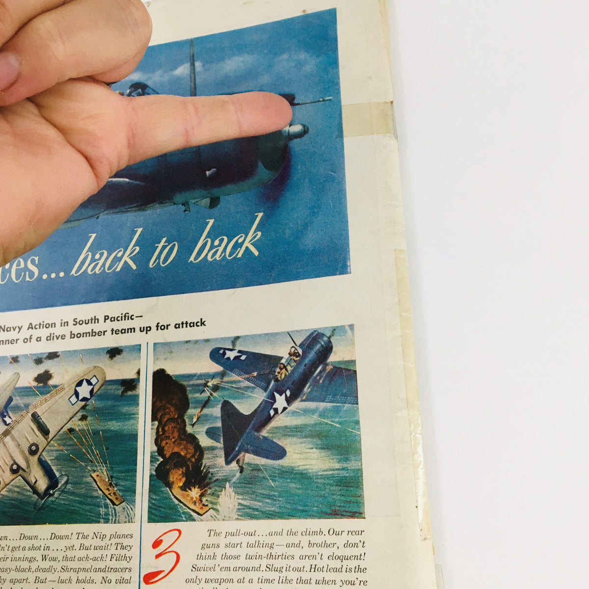 Detailed view of the back of VTG Life Magazine November 27, 1944, featuring world war aircraft graphics with commentary on Navy action in the South Pacific.