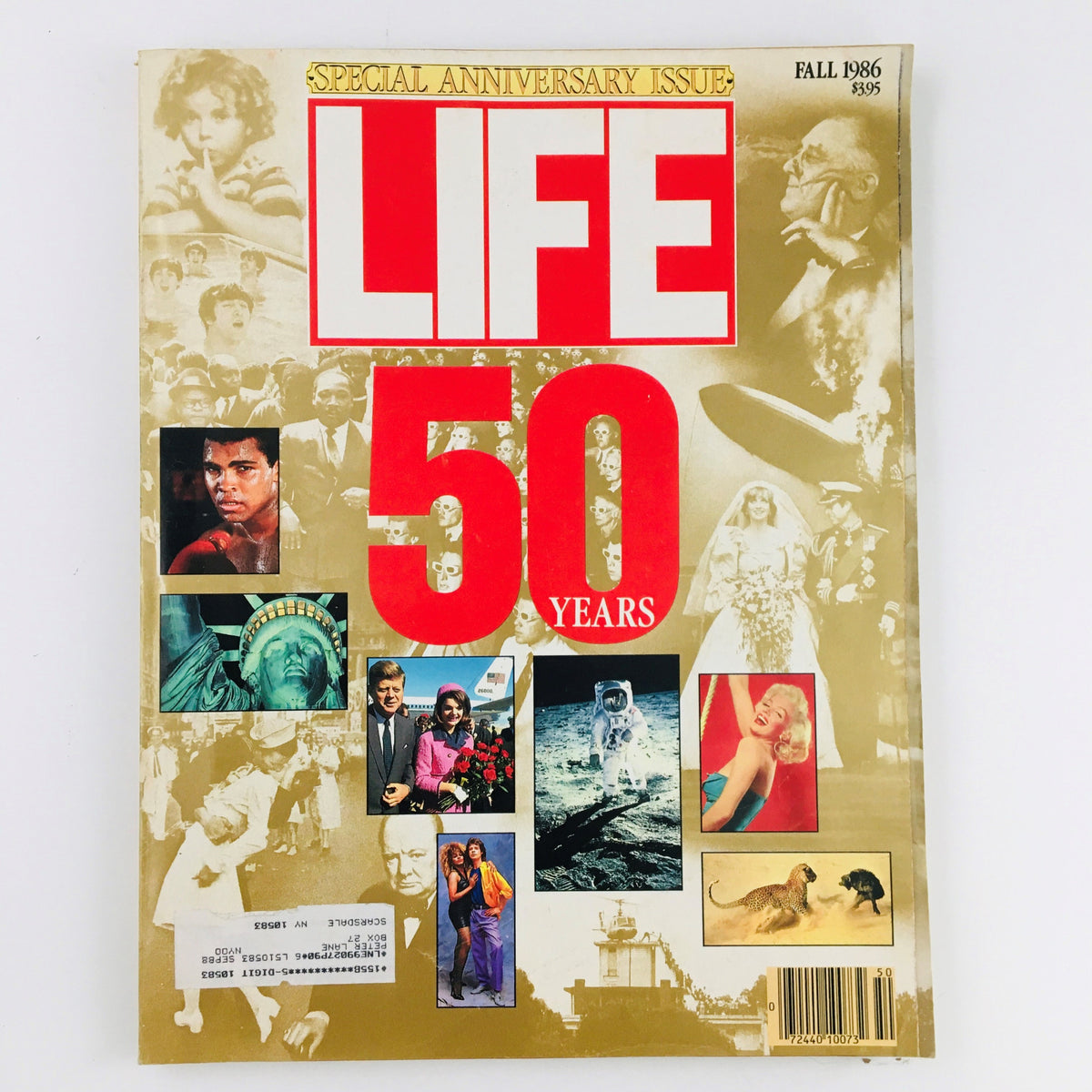 VTG Life Magazine Fall 1986 Special Anniversary Issue showcasing John F. Kennedy Jr., Neil Armstrong, and other iconic figures, featuring a golden cover celebrating 50 years of Life Magazine.