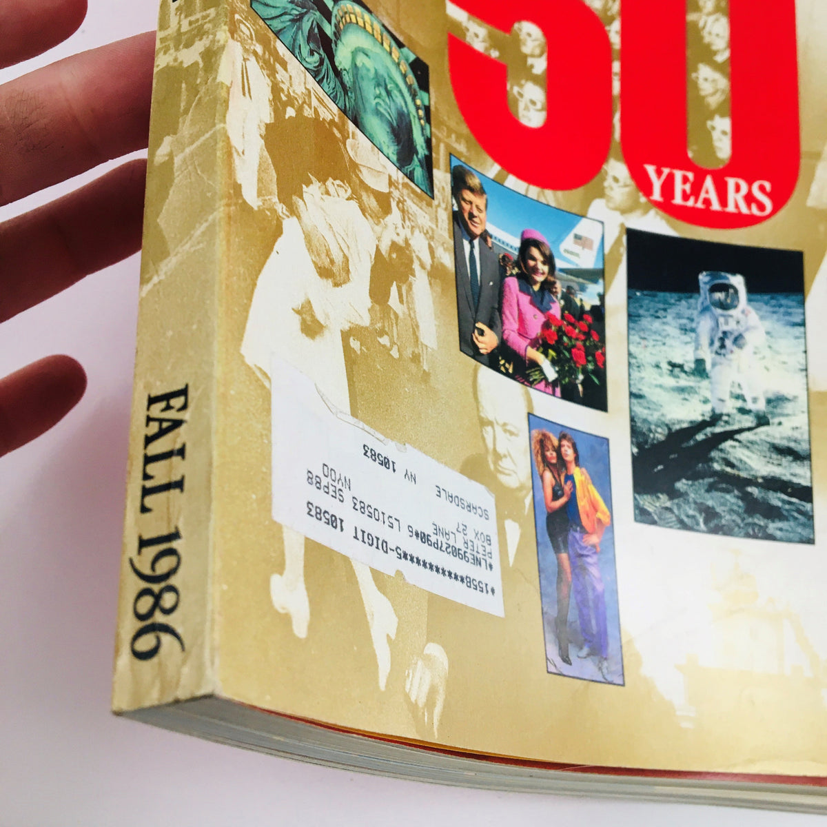 Close-up of the spine of the VTG Life Magazine Fall 1986 displaying 'FALL 1986' and a mailing label, part of the special 50th Anniversary issue featuring prominent personalities like John F. Kennedy Jr. and Neil Armstrong.