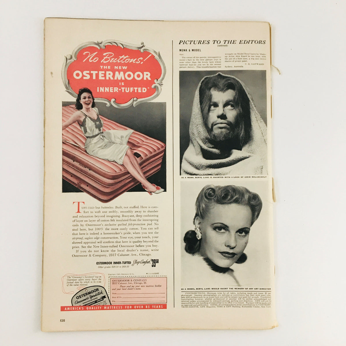 Inside page of VTG Life Magazine May 5 1941 displaying advertisements and content, including a mattress ad, reflecting the style and design of early 1940s publications.