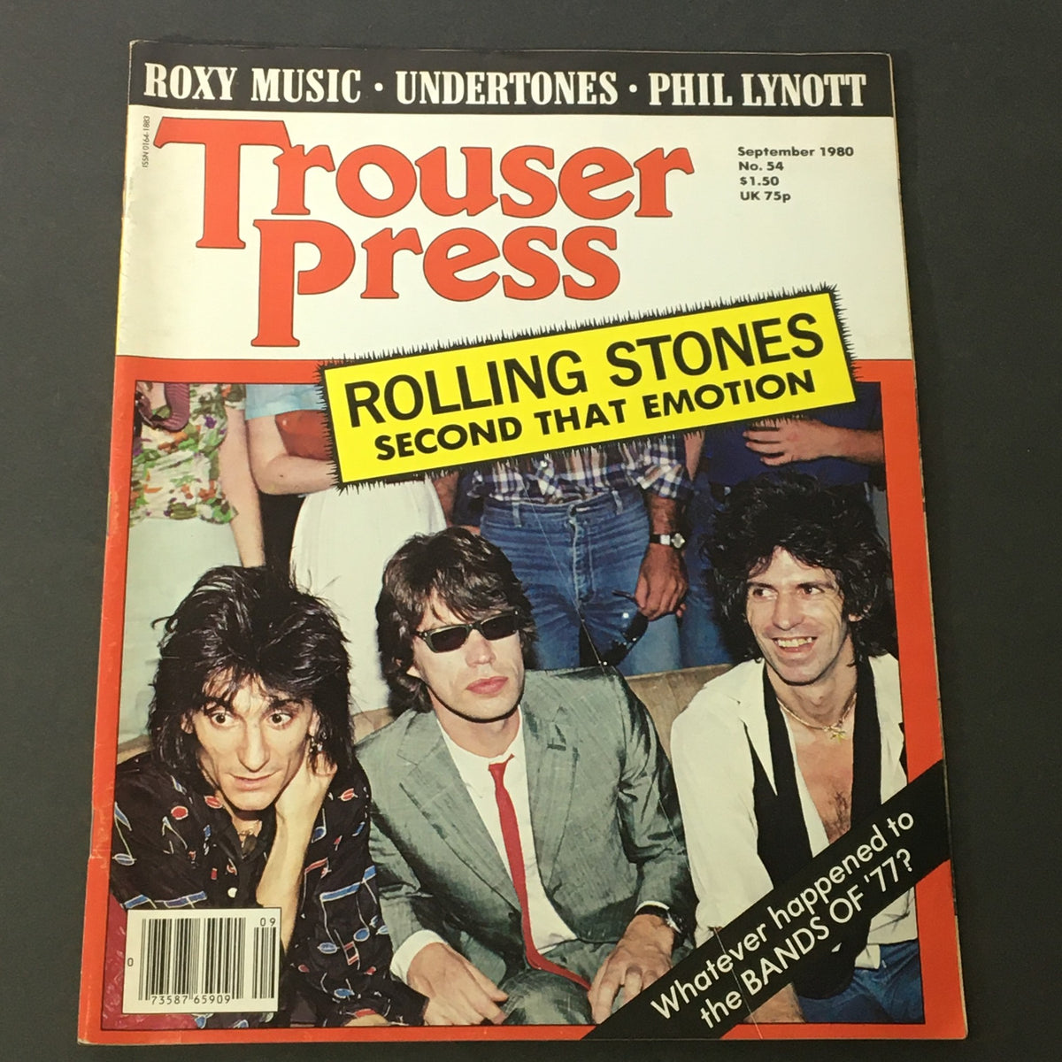 VTG Trouser Press Magazine September 1980 featuring the Rolling Stones on the cover, highlighting the band and Phil Lynott, showcasing the vibrant rock culture of the late 1970s and early 1980s.