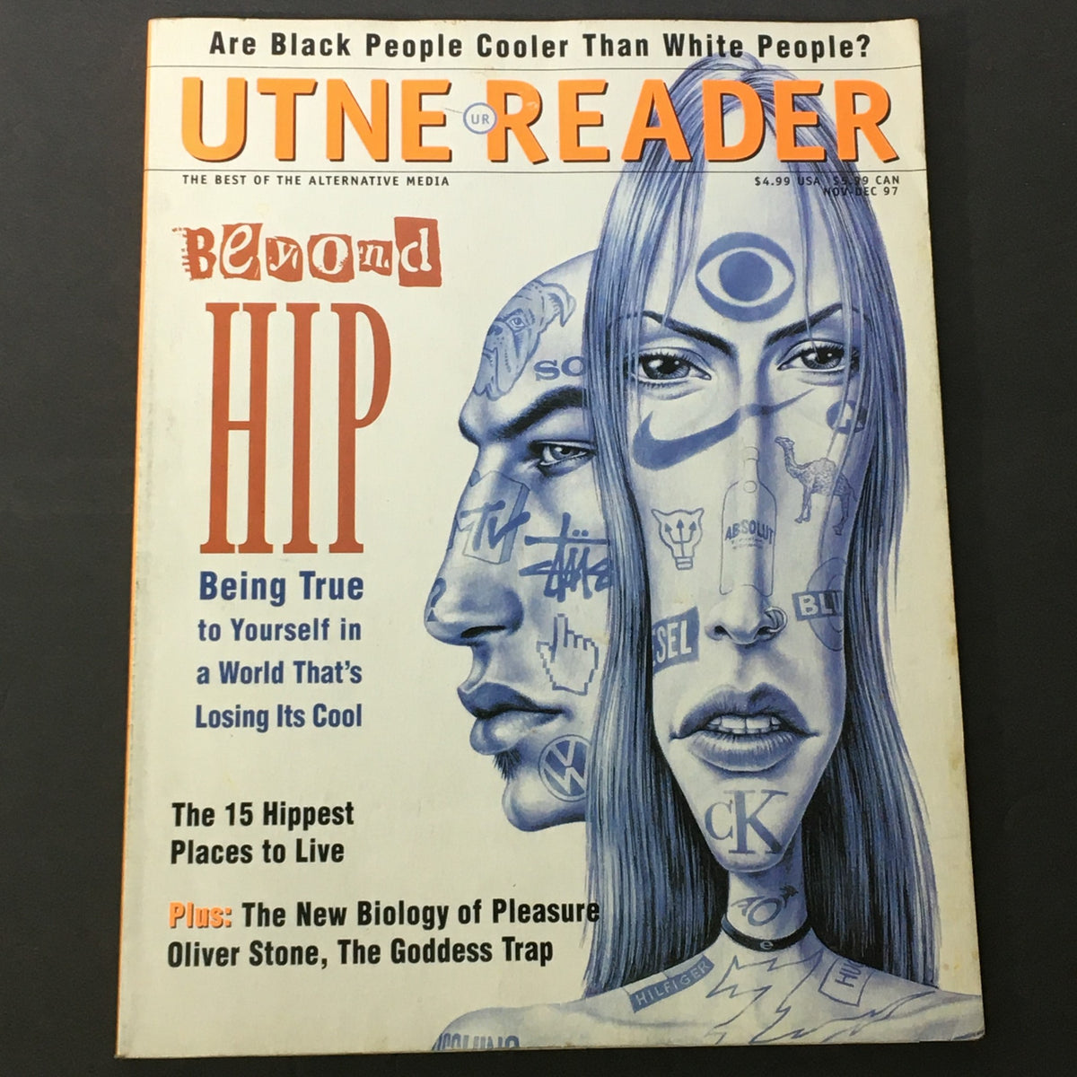 Cover of Utne Reader Magazine November December 1997 #84 - Beyond Hip Being True to Self, featuring artwork of two faces with various symbols and texts, exploring themes of authenticity and self-expression.