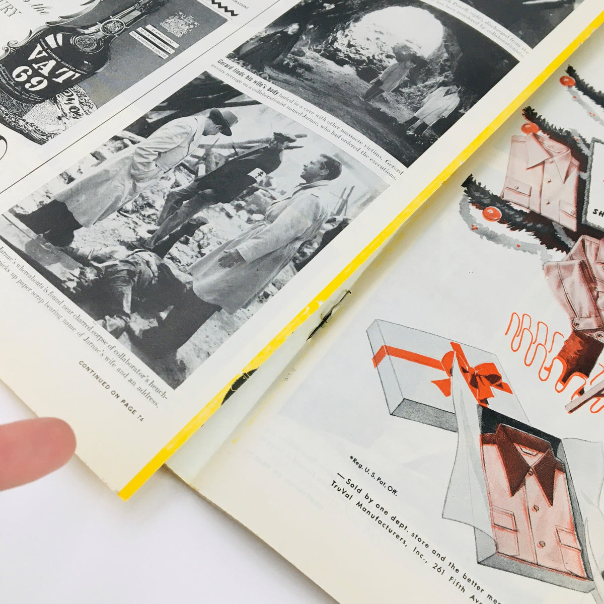 Interior view of VTG Life Magazine December 10 1945, showcasing pages with historical content, featuring men in coats amidst a scene and a colorful advertisement for a gift box with a shirt, reflecting 1940s fashion and culture.