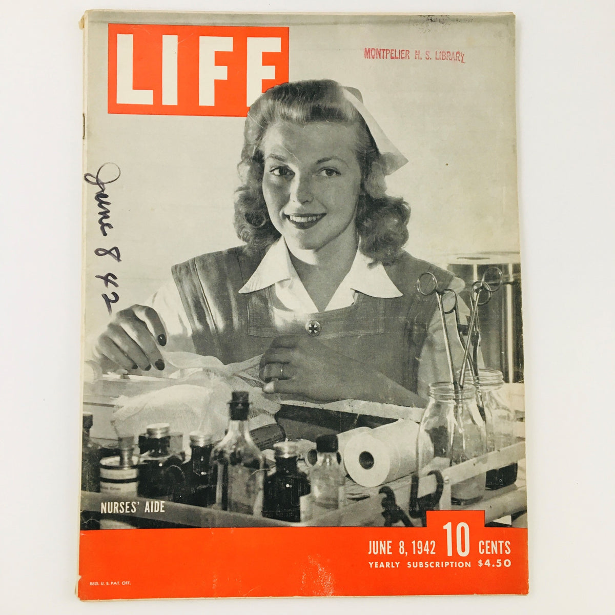 VTG Life Magazine June 8 1942 Nurses' Aide at World War II featuring a smiling woman in a nurse's attire with bottles and medical supplies in the background.