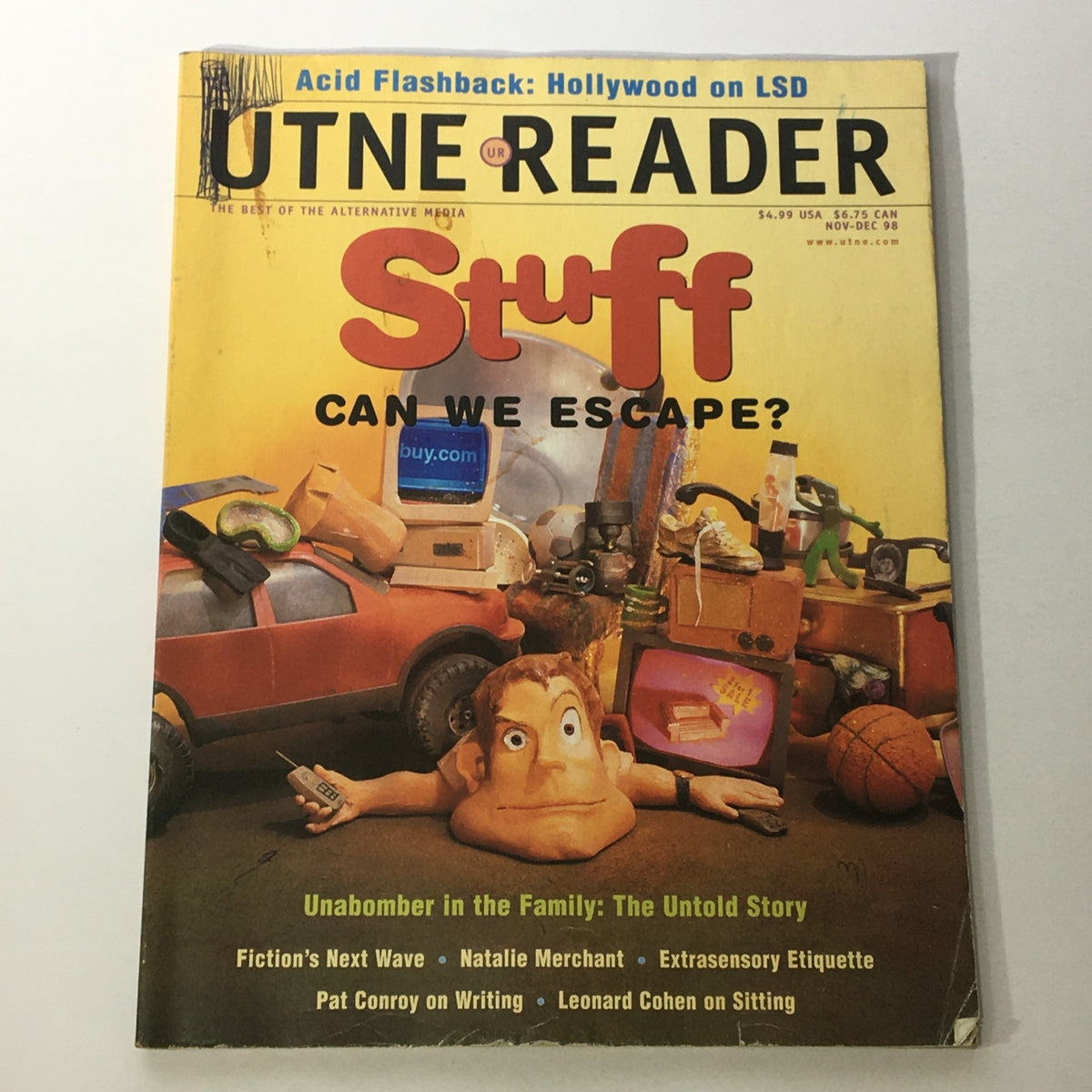Cover of Utne Reader Magazine November December 1998 featuring the headline 'Unabomber in the Family: The Untold Story' along with playful illustrations of various objects and characters, showcasing a vibrant and eclectic design.