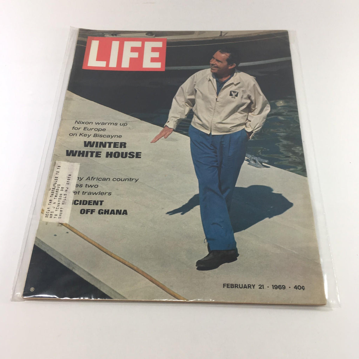 Cover of VTG Life Magazine February 21 1969 featuring Richard Nixon in casual attire near the water, with headline 'Nixon warms up for Europe on Key Biscayne' and articles on 'Winter White House' and incidents off Ghana.