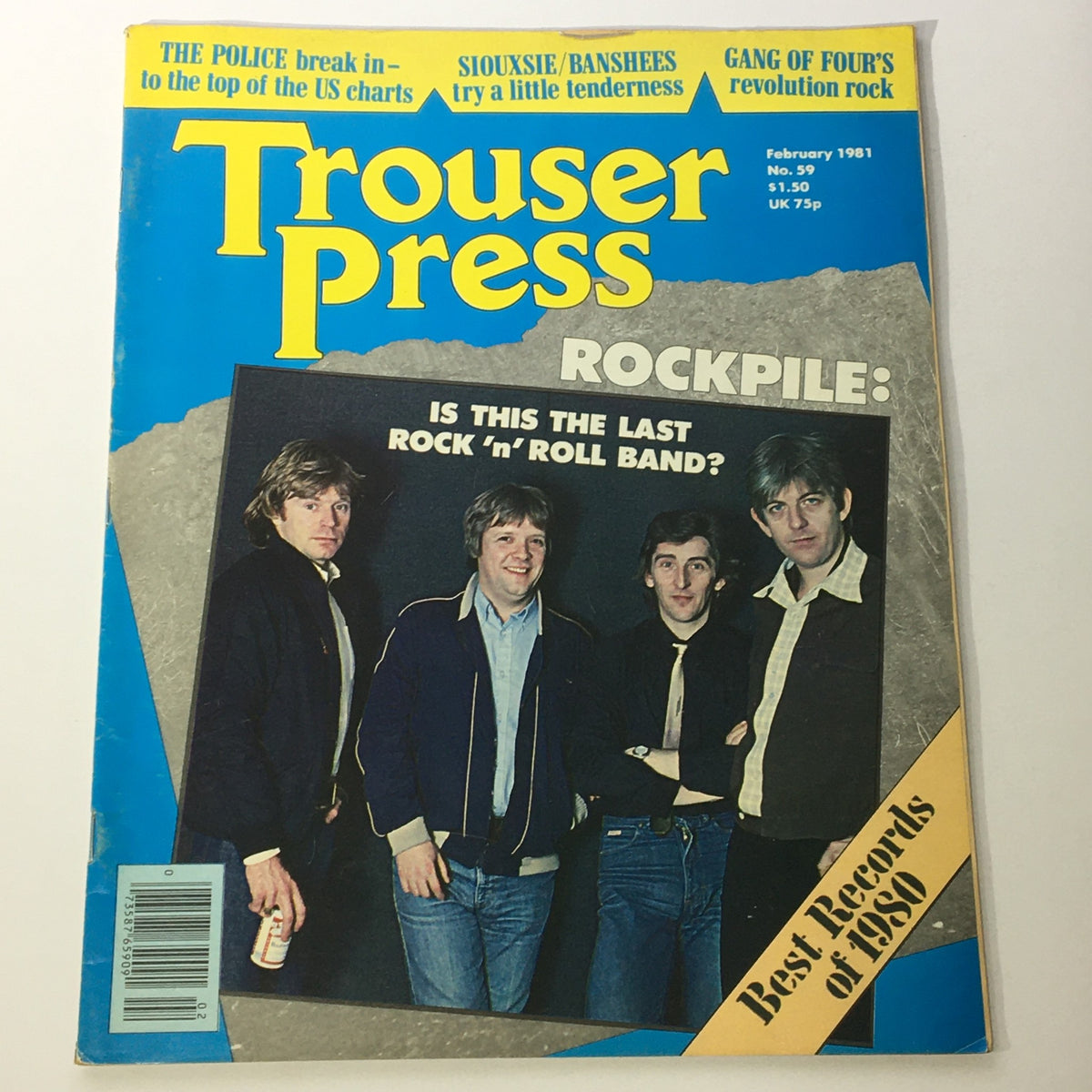 Cover of the Vintage Trouser Press Magazine February 1981 issue #59, featuring Rockpile, The Police, Siouxsie and the Banshees. The magazine highlights musical trends of the early 1980s with headlines including 'Is This the Last Rock 'n' Roll Band?' and 'Best Records of 1980'.