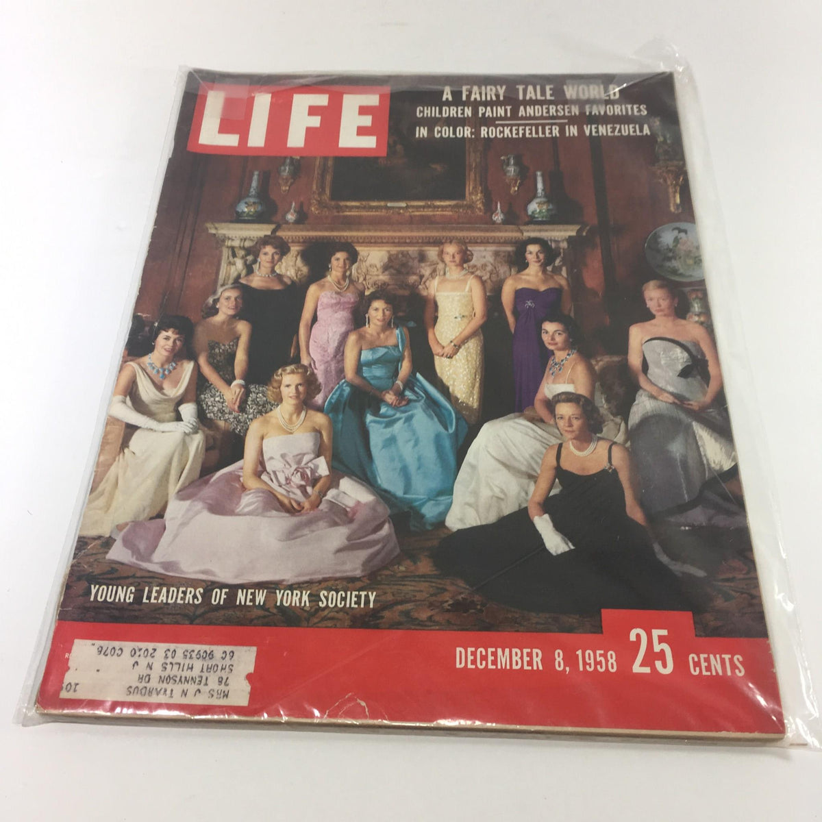 Vintage Life Magazine Cover from December 8, 1958 featuring Young Leaders of New York Society, showcasing a group of elegantly dressed women in a historic setting.