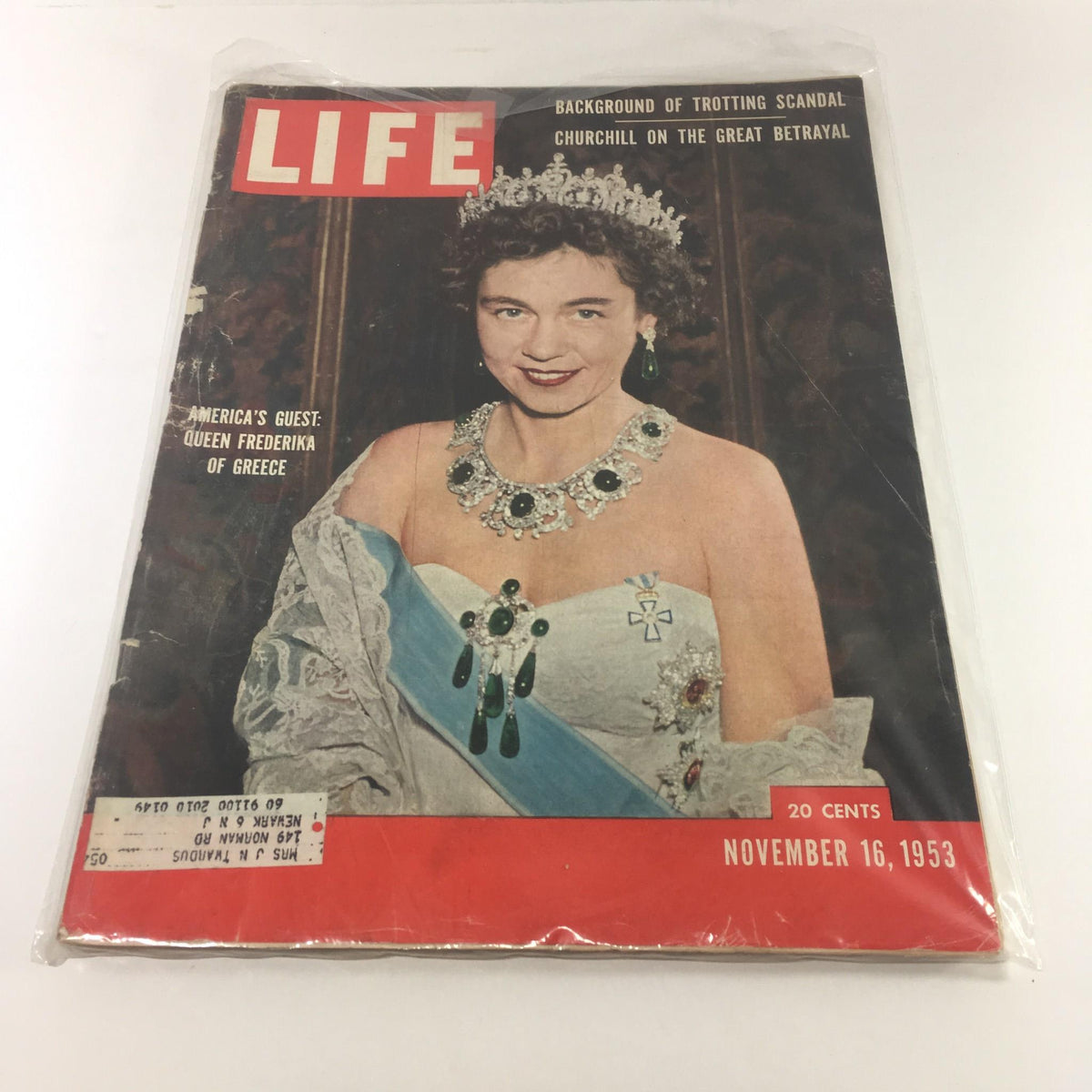 Vintage Life Magazine from November 16, 1953, featuring America's Guest Queen Frederika of Greece, showcasing the royal figure adorned in a stunning gown and jewelry.