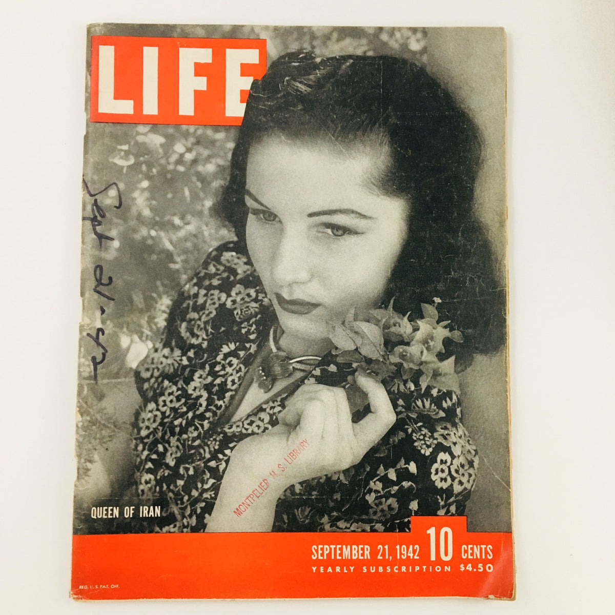 Cover of VTG Life Magazine from September 21, 1942 featuring Fawzia Fuad, Queen of Iran, with a visually captivating black and white image and the title prominently displayed.