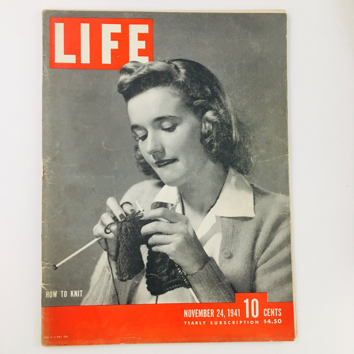 VTG Life Magazine November 24 1941 cover featuring a woman knitting with the title 'How To Knit' and magazine details including '10 Cents' and 'Yearly Subscription $4.50'.