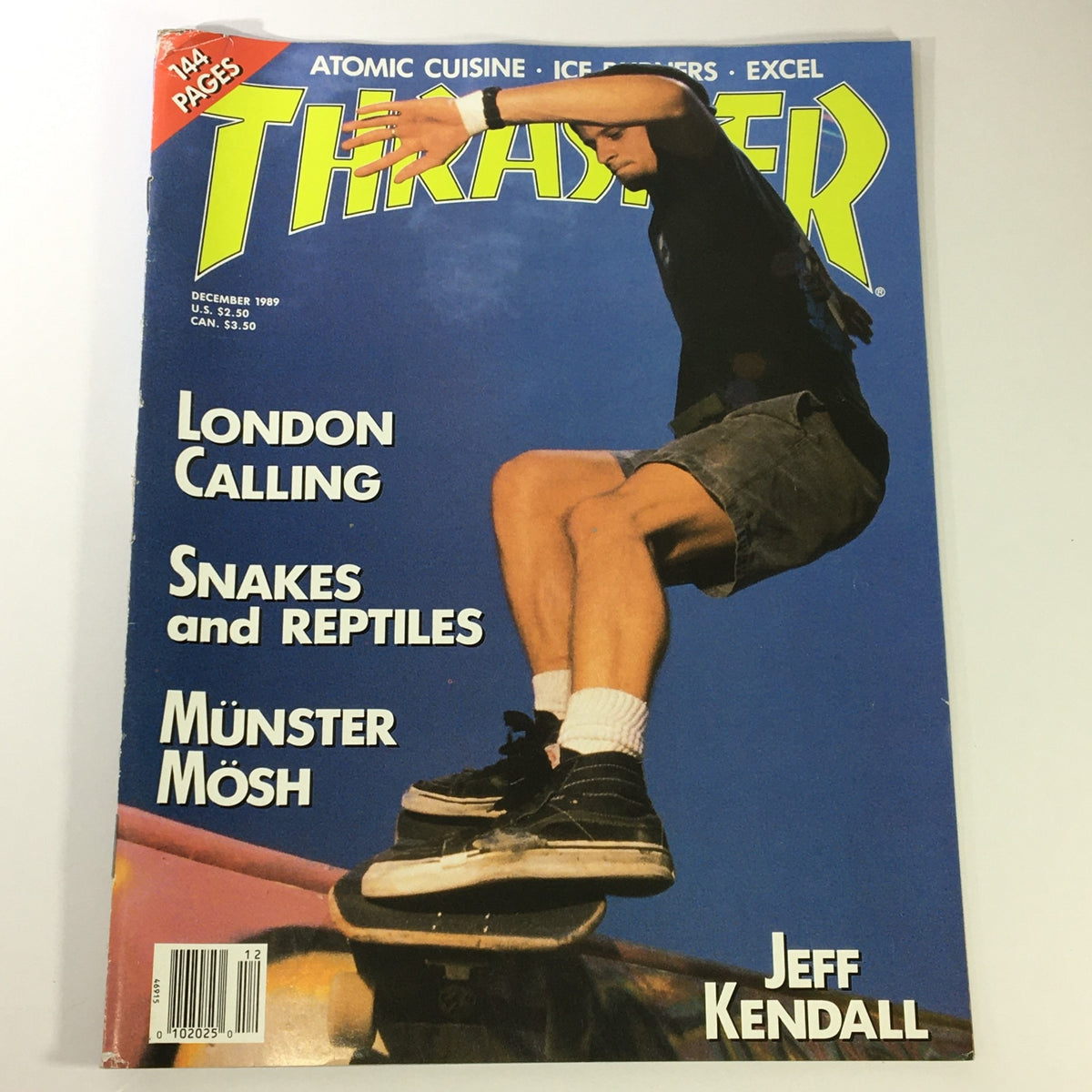 Thrasher Magazine December 1989 cover featuring skater Jeff Kendall performing a skateboarding trick, highlighting the vibrant skate culture of the late '80s.