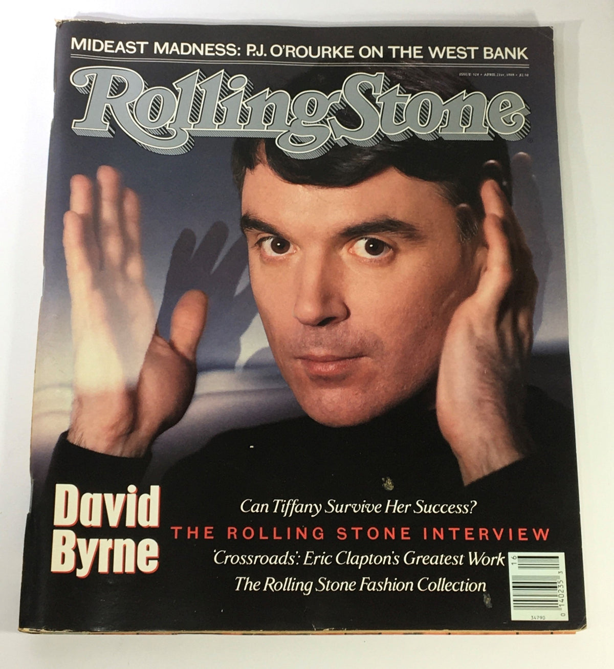 Cover of the Rolling Stone Magazine dated April 21, 1988, featuring David Byrne with the headline 'The Rolling Stone Interview', and a mention of P.J. O'Rourke. This vintage magazine is a collector's item showcasing influential music and cultural commentary from the late 1980s.