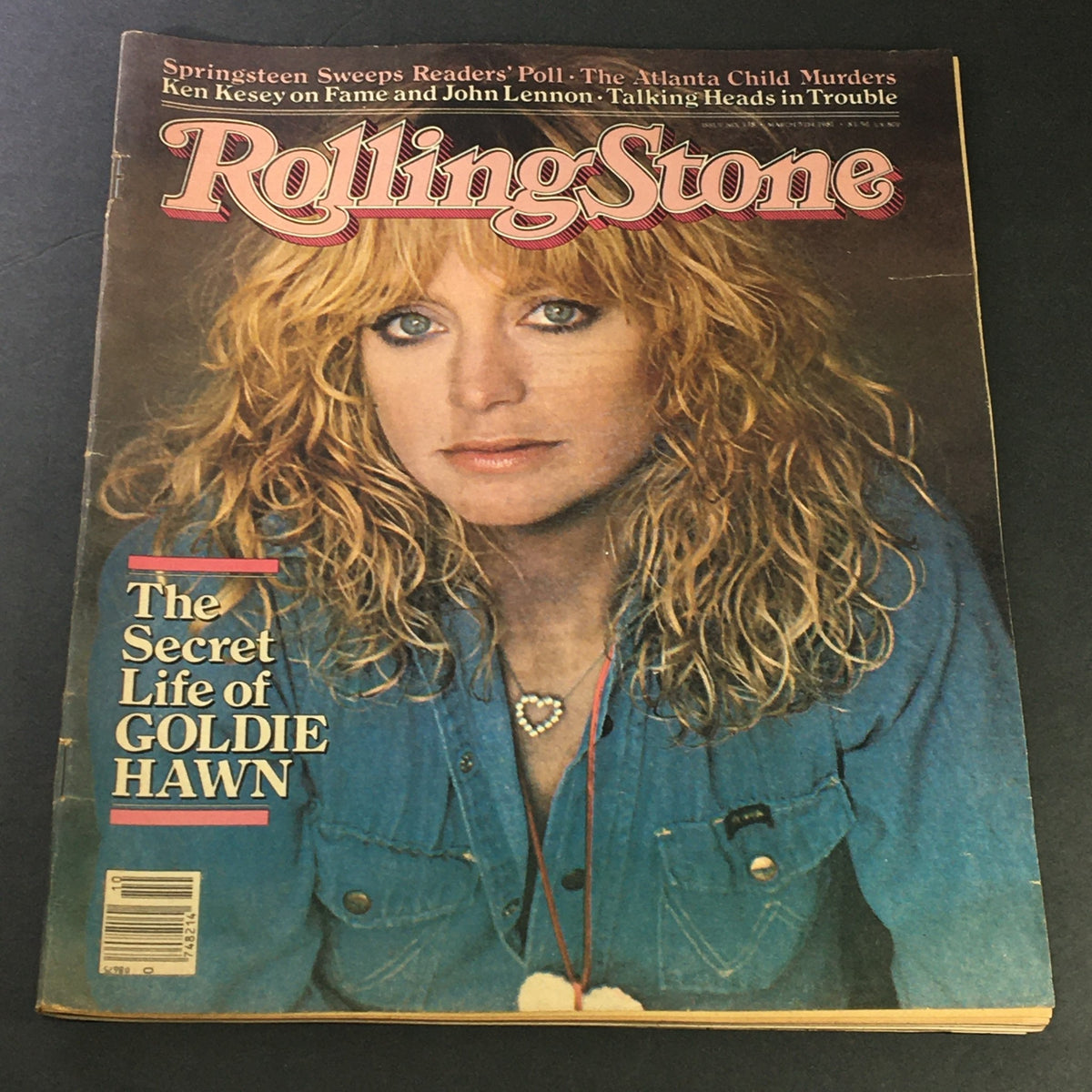 Cover of Rolling Stone Magazine March 5, 1981, edition #338 featuring Goldie Hawn in a denim outfit, highlighting 'The Secret Life of Goldie Hawn.' The magazine captures the essence of 1980s celebrity culture.