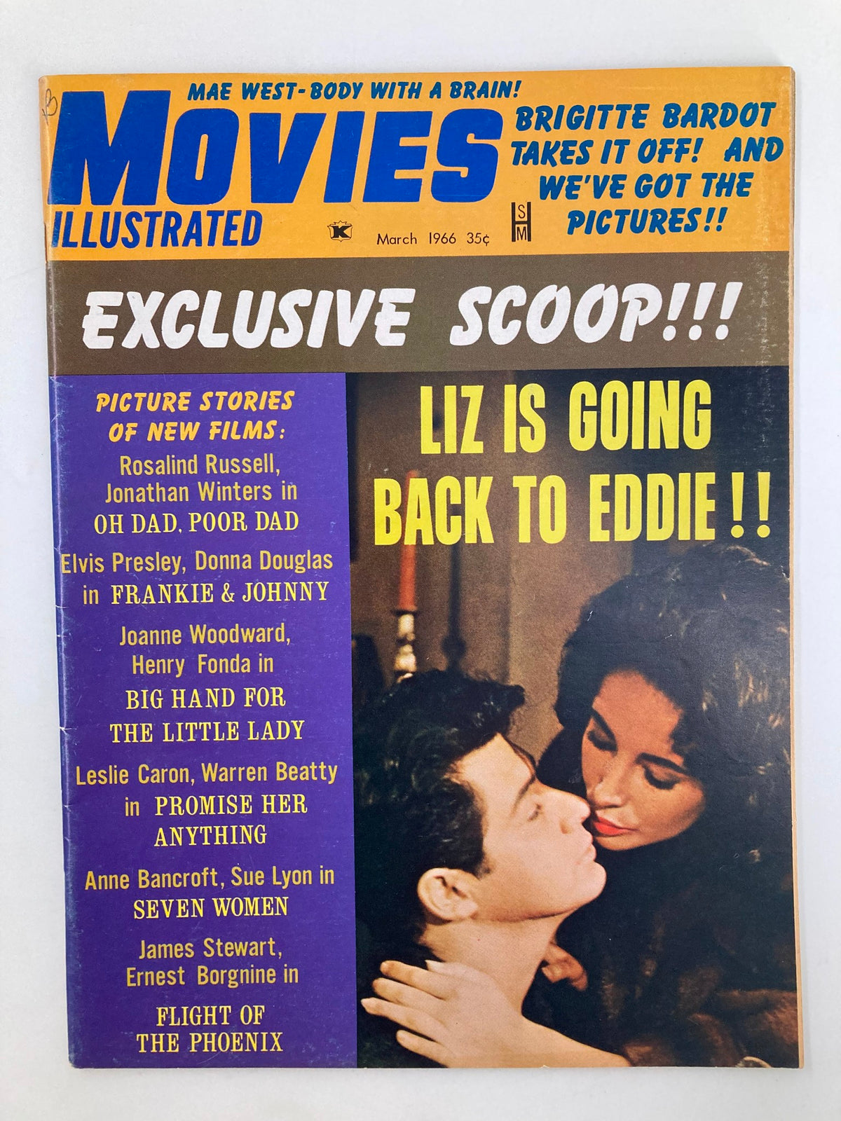 VTG Movies Illustrated March 1966 Cover featuring Elizabeth Taylor and Eddie Fisher, showcasing vibrant magazine design with nostalgic film references.