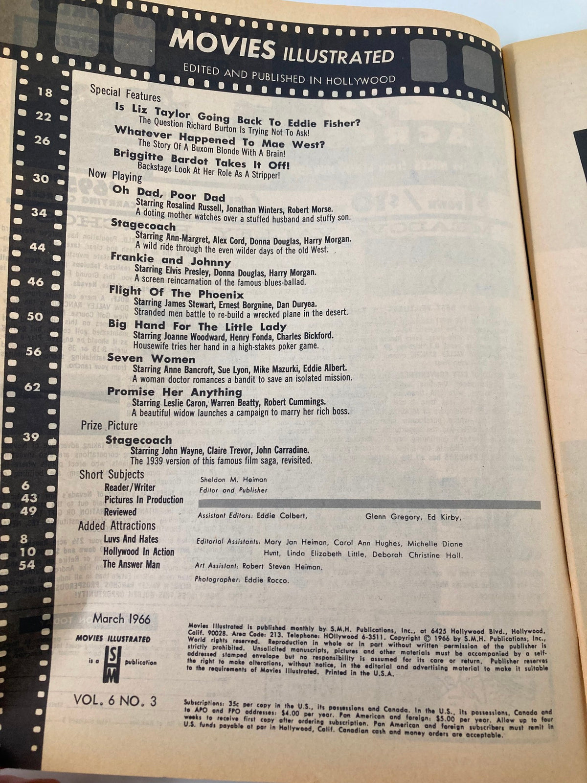 Inside page of VTG Movies Illustrated March 1966, detailing special features and film listings related to Elizabeth Taylor and Eddie Fisher.
