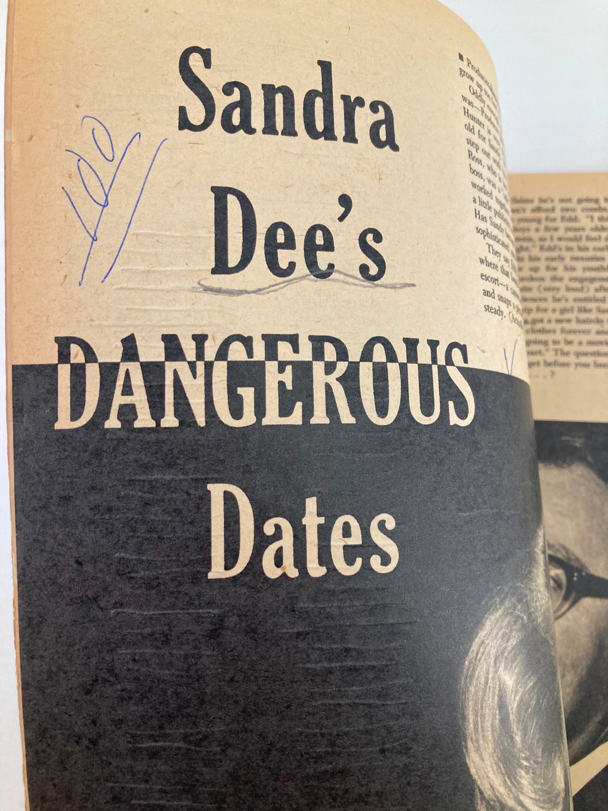 Interior page of VTG Screen Album Magazine May 1960 displaying the article title 'Sandra Dee's Dangerous Dates'.