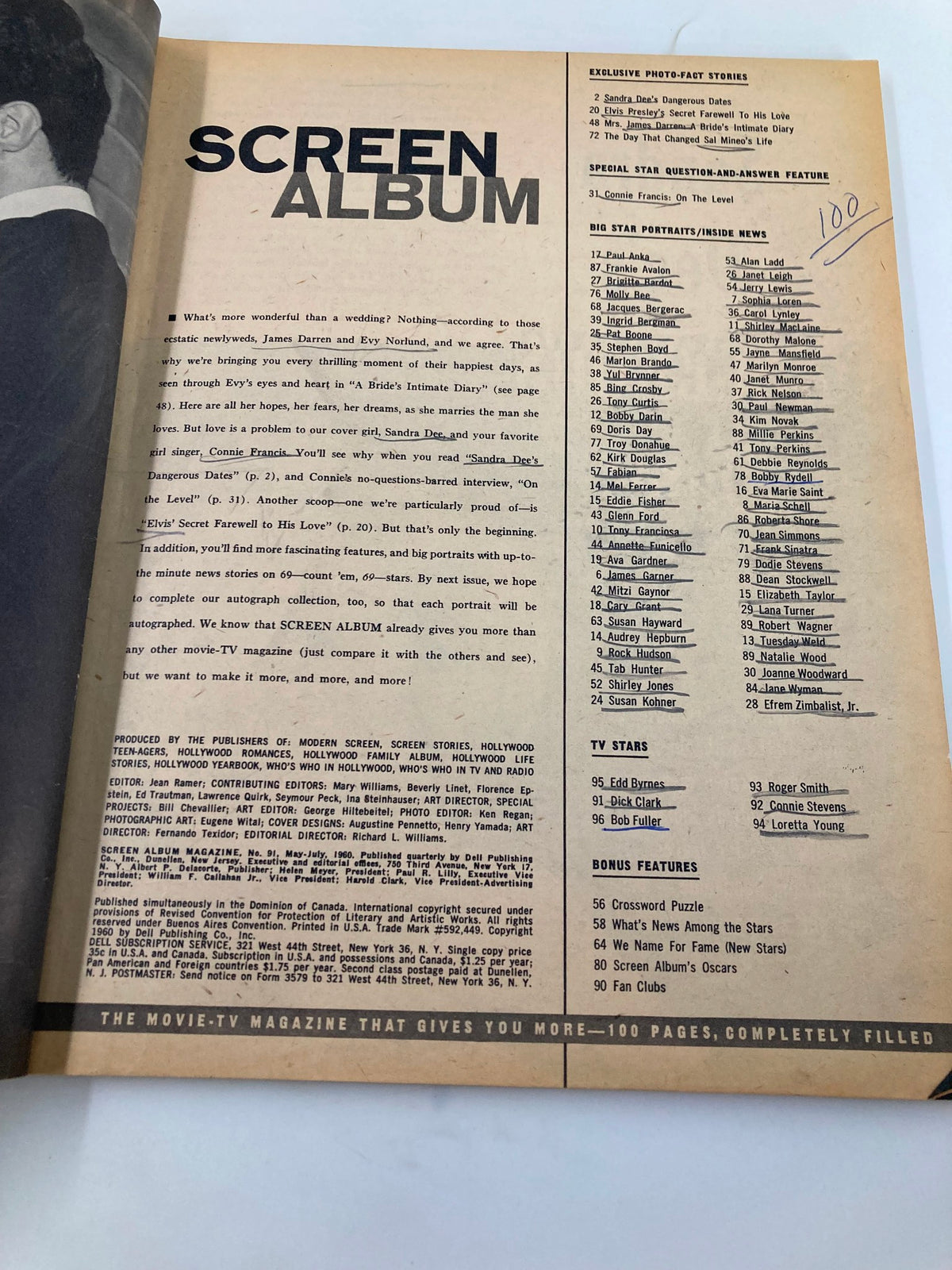Interior page of VTG Screen Album Magazine May 1960 highlighting the magazine's content including articles and features.