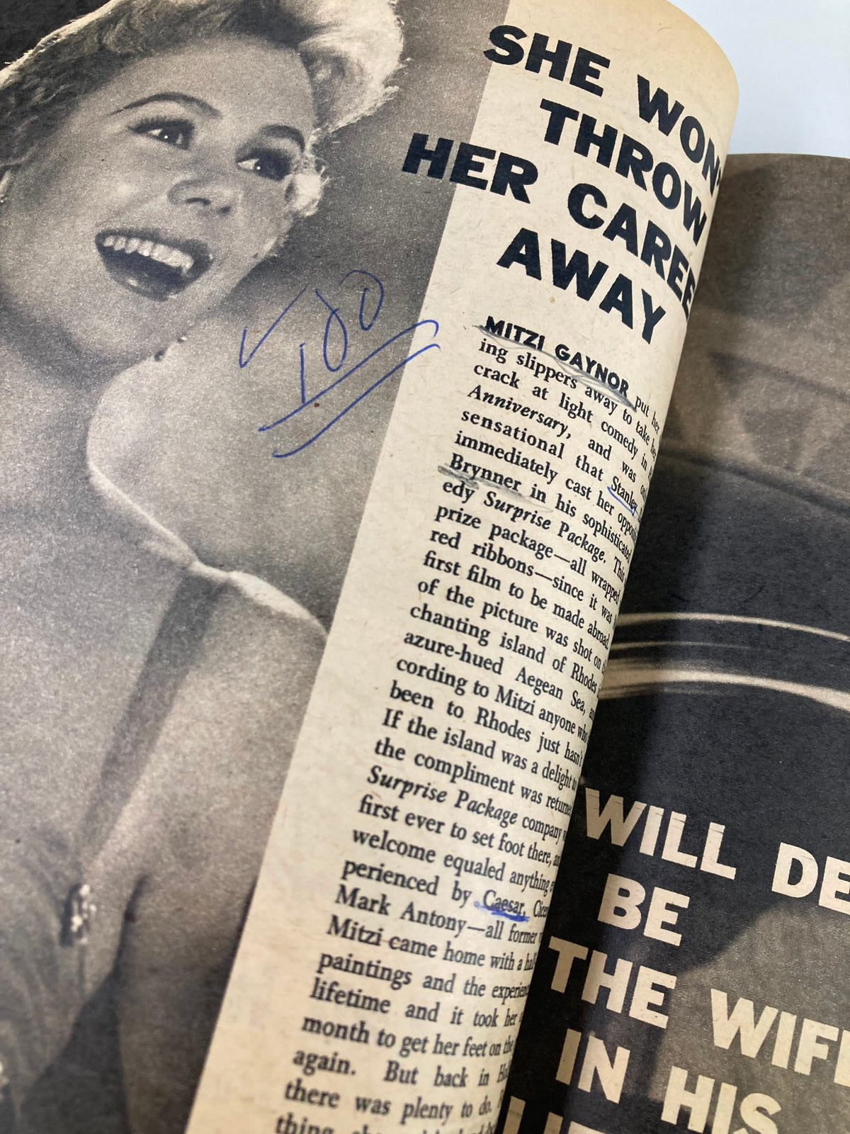 Vintage Screen Album Magazine May 1960 interior page featuring Mitzi Gaynor with an article about her career, showcasing classic Hollywood glamour.