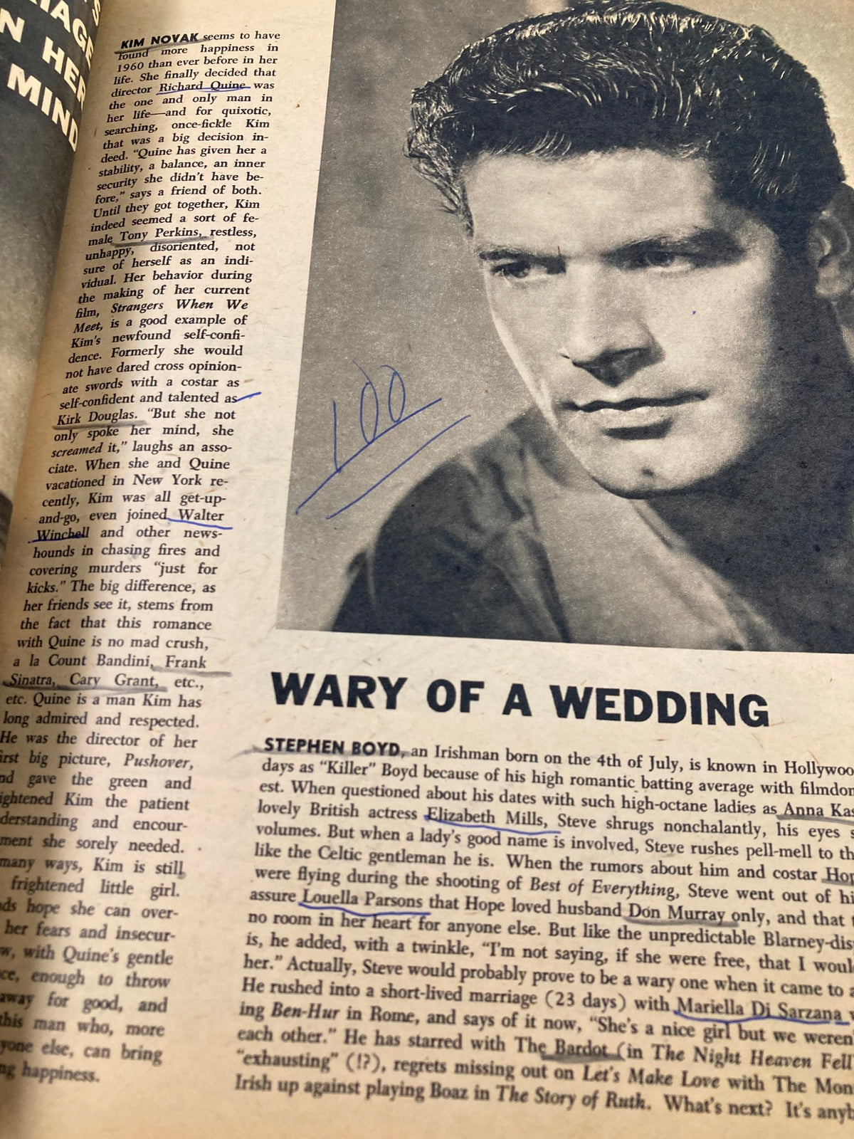 Vintage Screen Album Magazine May 1960 interior page highlighting Stephen Boyd with a feature on his romantic life and film career in Hollywood.
