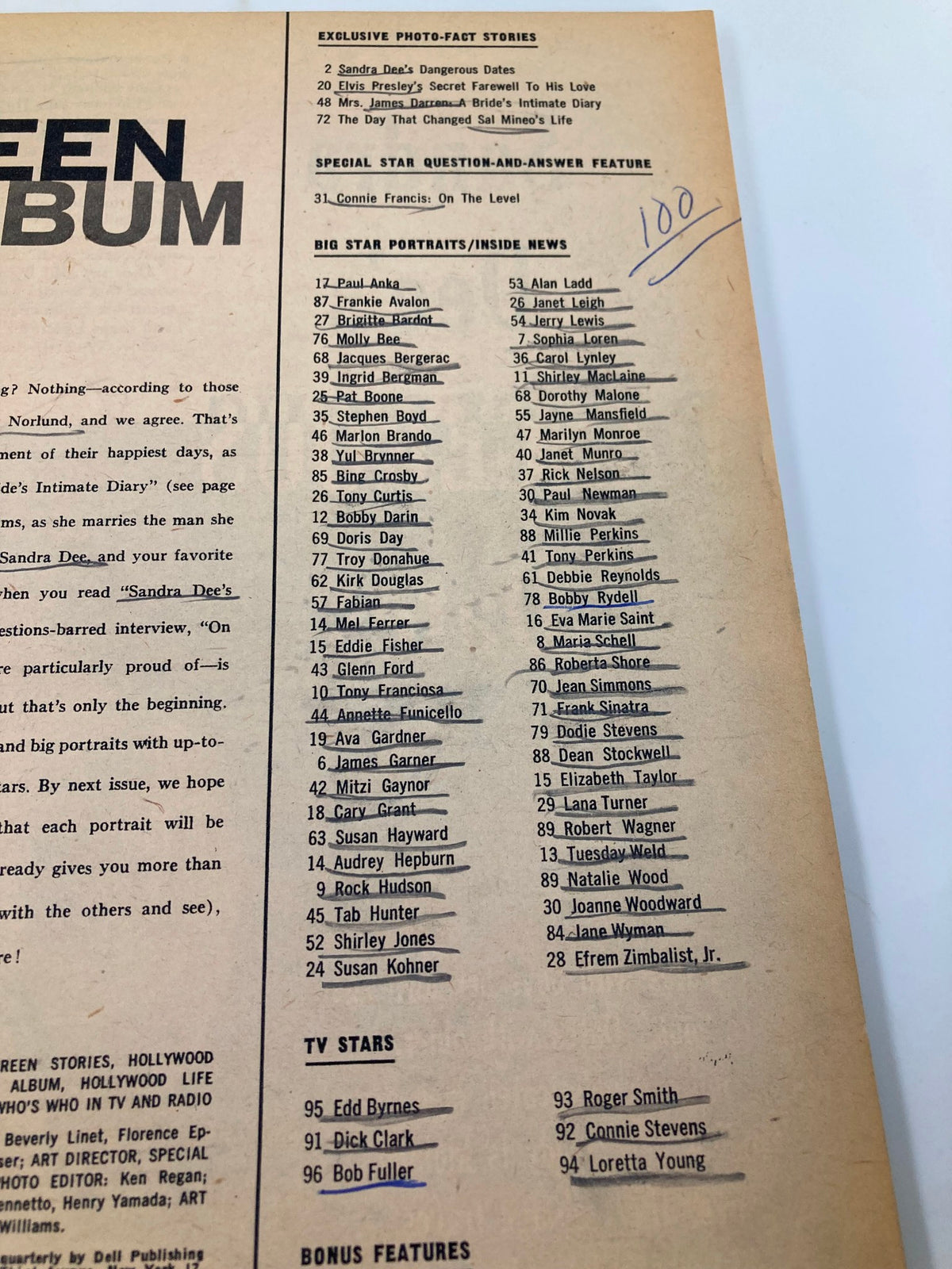 Vintage Screen Album Magazine May 1960 contents page listing various celebrities and articles, reflecting the popular culture of the era.