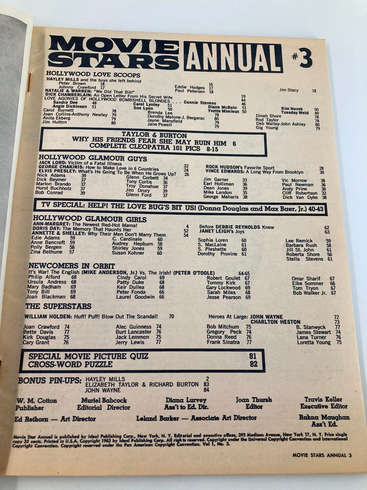 Inside page of the VTG Movie Stars Annual Magazine 1963 No. 3 featuring a list of Hollywood stars, including Liz Taylor and Richard Burton, with sections on glamour, trivia, and articles about famous cinematic figures.
