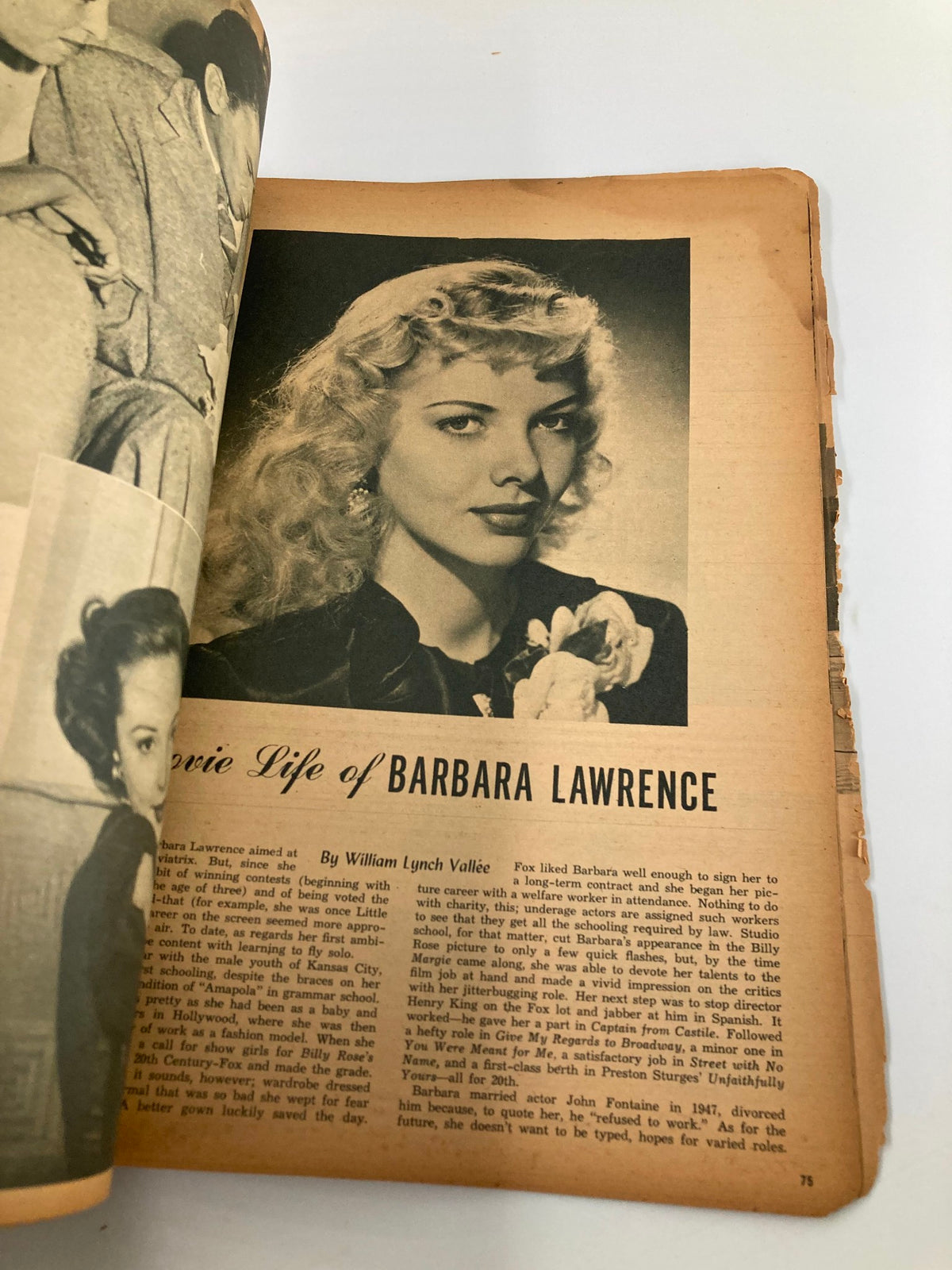 Page from VTG Movie Life Year Book 1949 Vol. 1 No. 8 featuring an article about actress Barbara Lawrence.