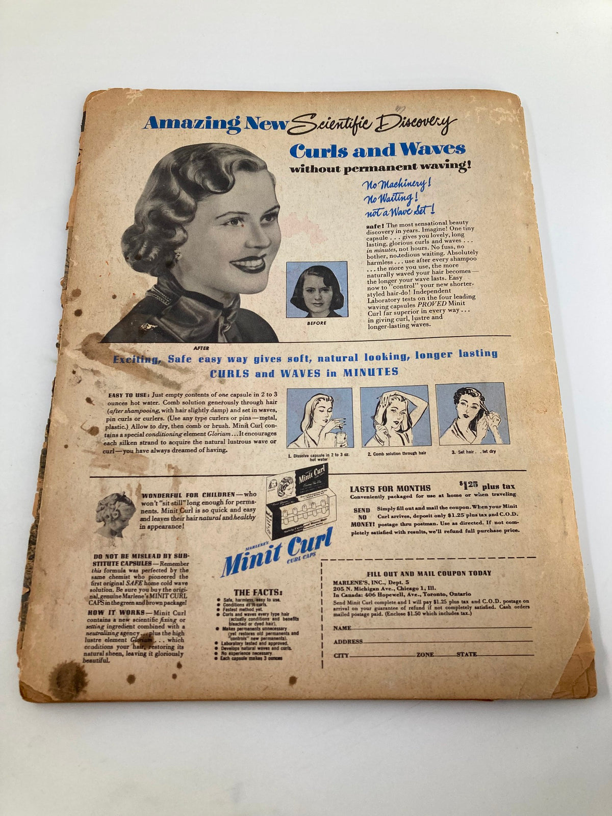 VTG Movie Life Year Book 1949 displaying an advertisement for Minit Curl, promoting a new easy method for curls and waves without permanent waving.