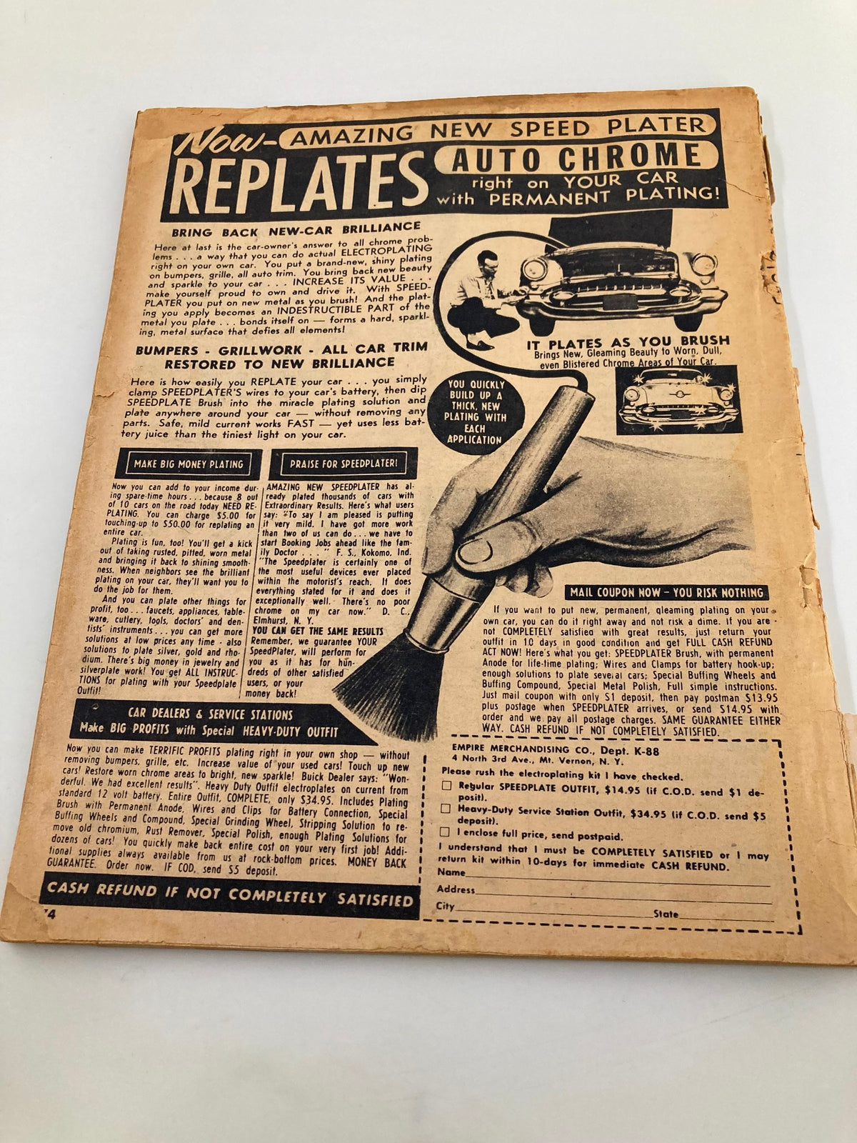 Page from VTG Inside Story Magazine August 1958 featuring an advertisement for 'Speed Plater Auto Chrome' promising car restoration services.