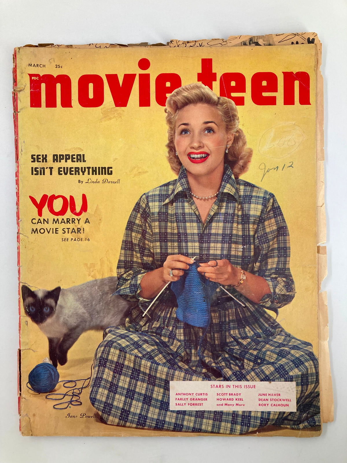 VTG Movie Teen Magazine March 1951 cover featuring a smiling woman knitting, with a Siamese cat nearby, capturing the essence of 1950s teenage culture and glamour.