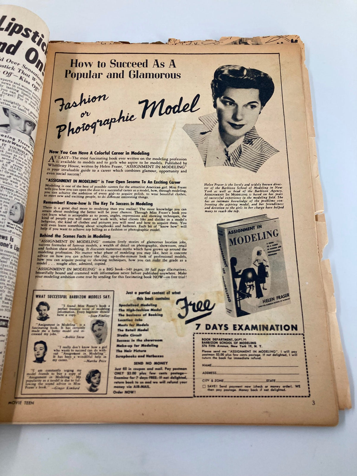 Interior page of VTG Movie Teen Magazine March 1951 showcasing an article on how to succeed as a popular and glamorous fashion or photographic model, featuring Helen Fraser.