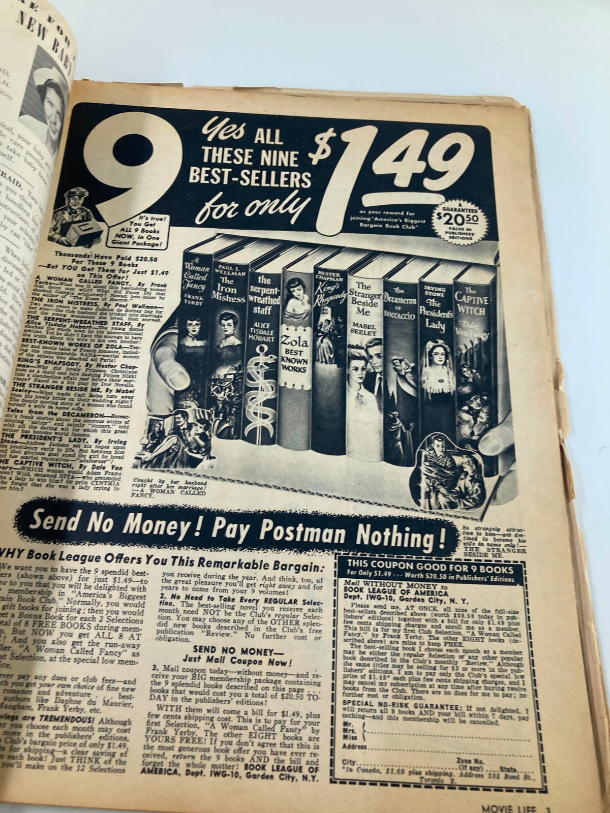 Vintage Movie Life Magazine October 1952 Ann Blyth ad for nine best-sellers priced at $1.49, showcasing a collection of books.