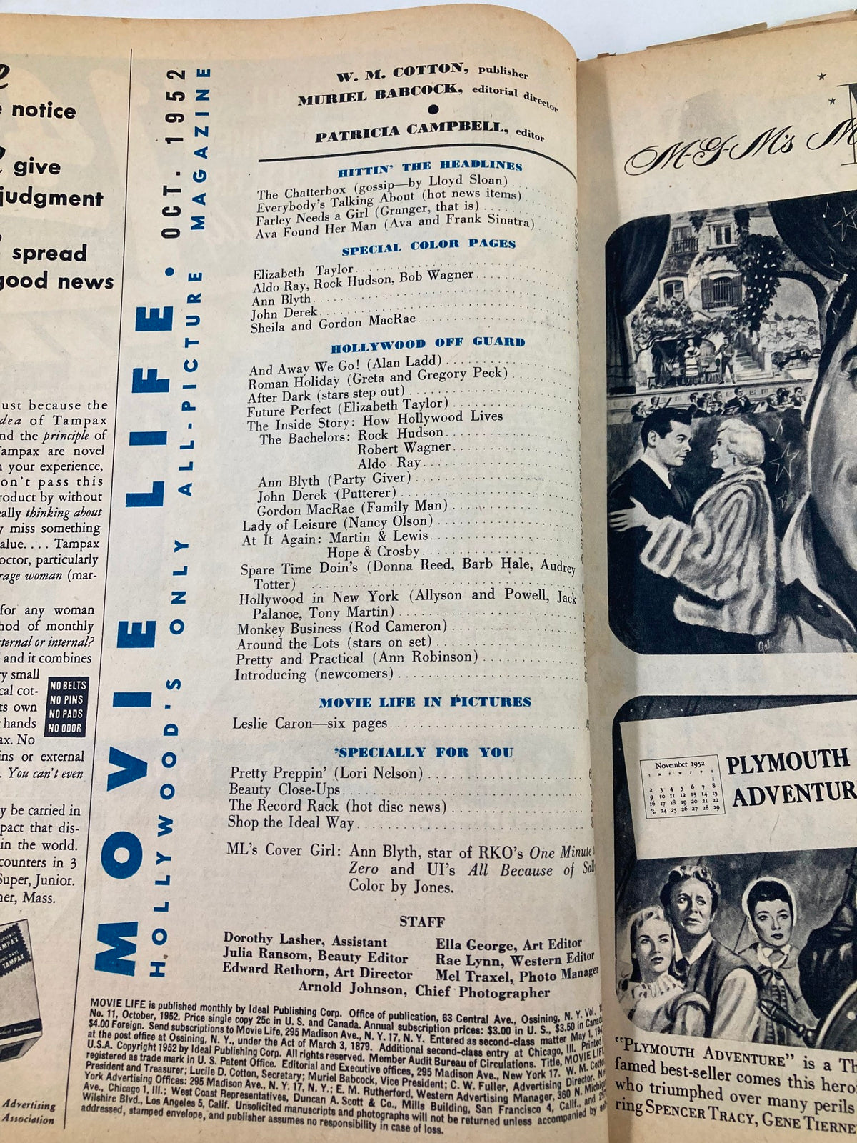 Inside page of the Vintage Movie Life Magazine October 1952 featuring Ann Blyth and others, highlighting Hollywood gossip and news.