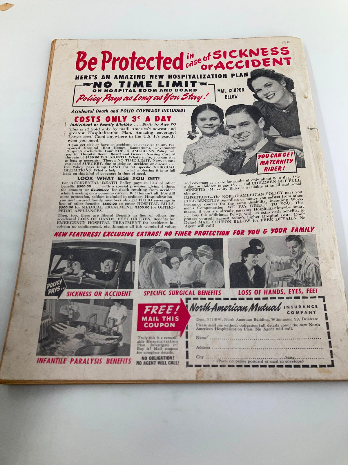 Back cover of VTG Movie Play Magazine May 1951 displaying an advertisement for health insurance. The magazine reflects the historical context and vintage marketing trends from the early 1950s.