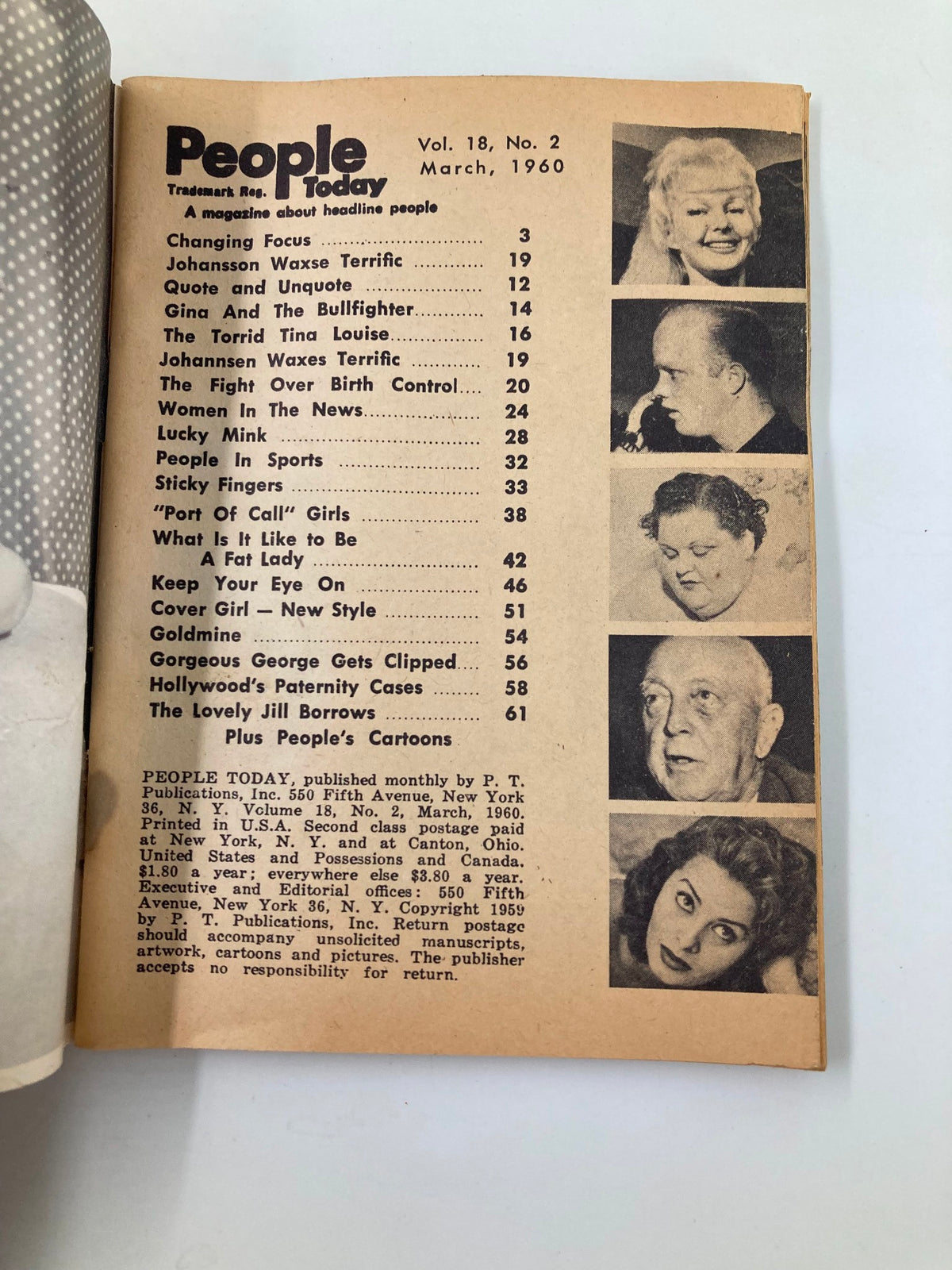 March 1960 issue of VTG People Today Mini Magazine, detailing the table of contents with articles and images of notable personalities.